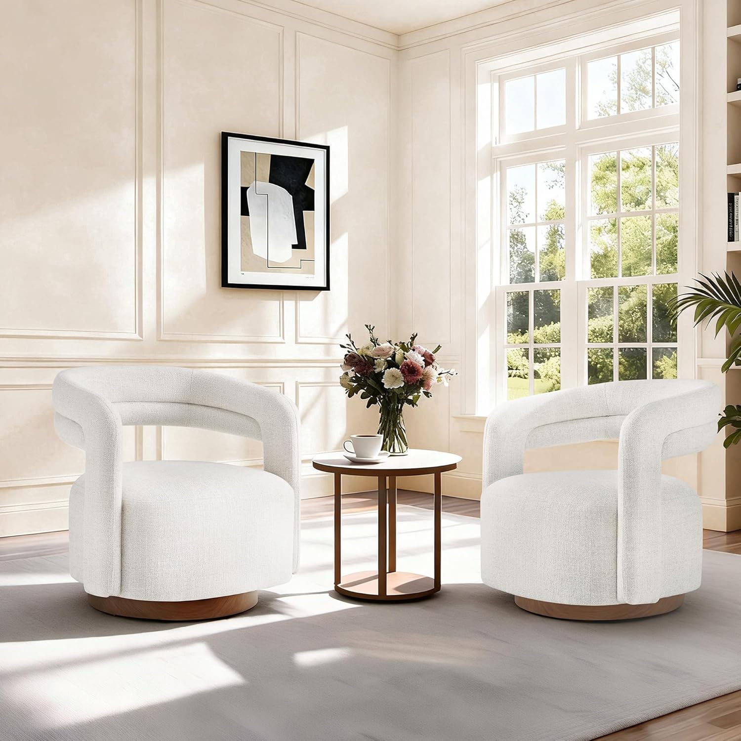 Swivel Accent Chair Set of 2, Upholstered Barrel Chair with Open Back Design, Modern Arm Chair with Wooden Base for Living Room Bedroom Reading Waitingroom,Wheat