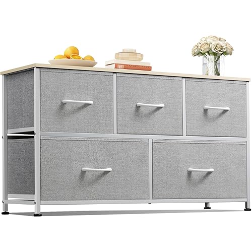 WLIVE Dresser for Bedroom with 5 Drawers, Wide Chest of Drawers, Fabric Dresser, Storage Organization Unit with Fabric Bins for Closet, Living Room, Hallway, Light Grey