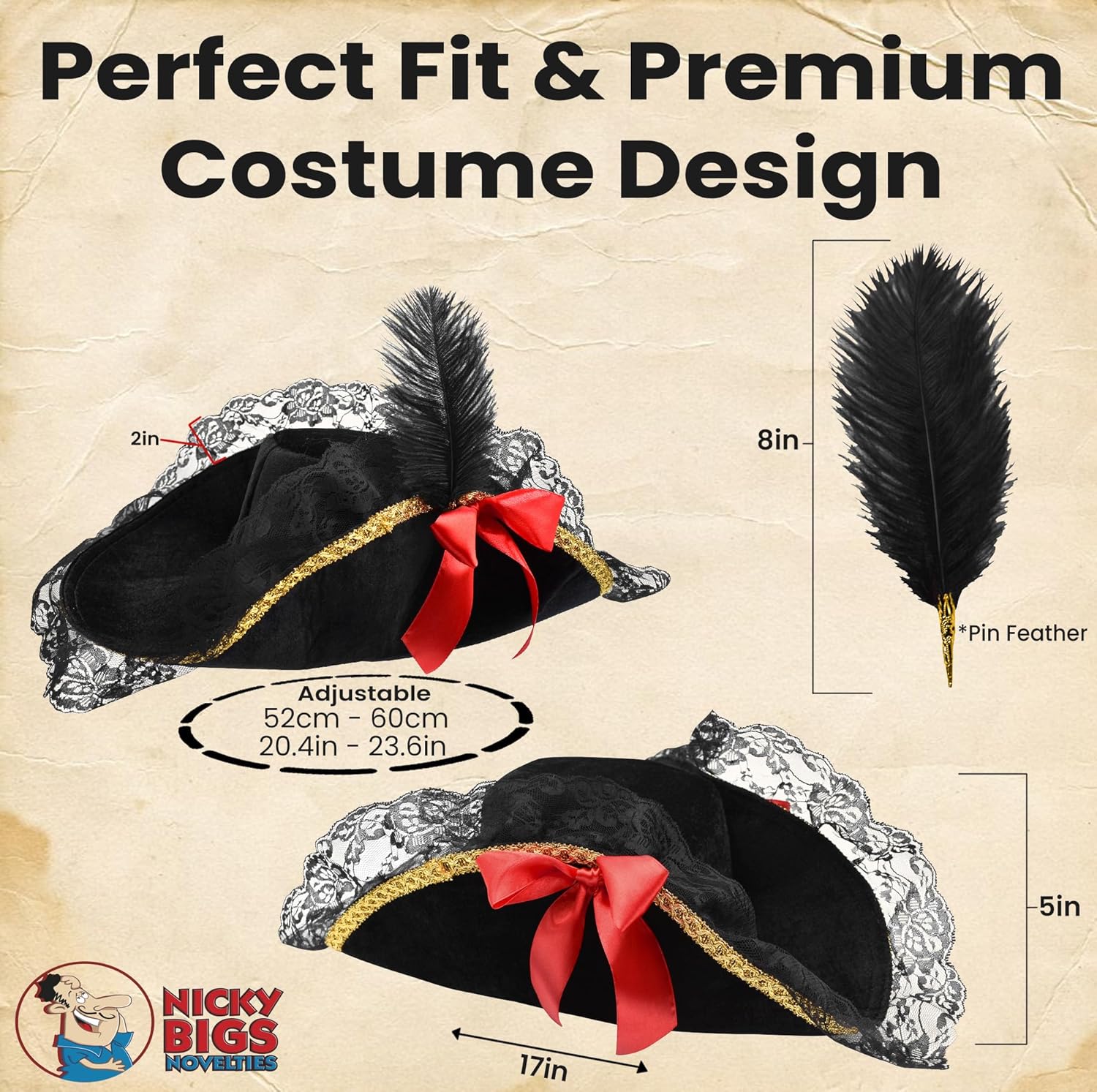 Nicky Bigs Novelties Adult Womens Pirate Hat With Feather Costume Adjustable Head Size - Deluxe Lady Buccaneer Hats - Caribbean High Seas Captain Halloween Black Cap Accessory Lace Trim - Image 4