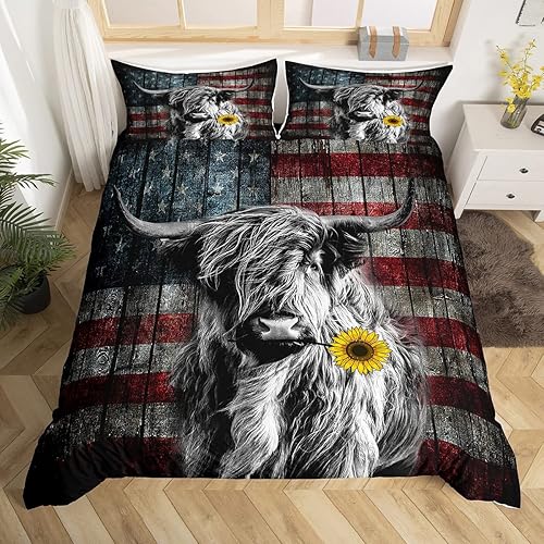 Feelyou Juego de ropa de cama de ganado de las tierras altas, girasol, vaca, juego de funda de edredón para niños y niñas, bandera de Estados