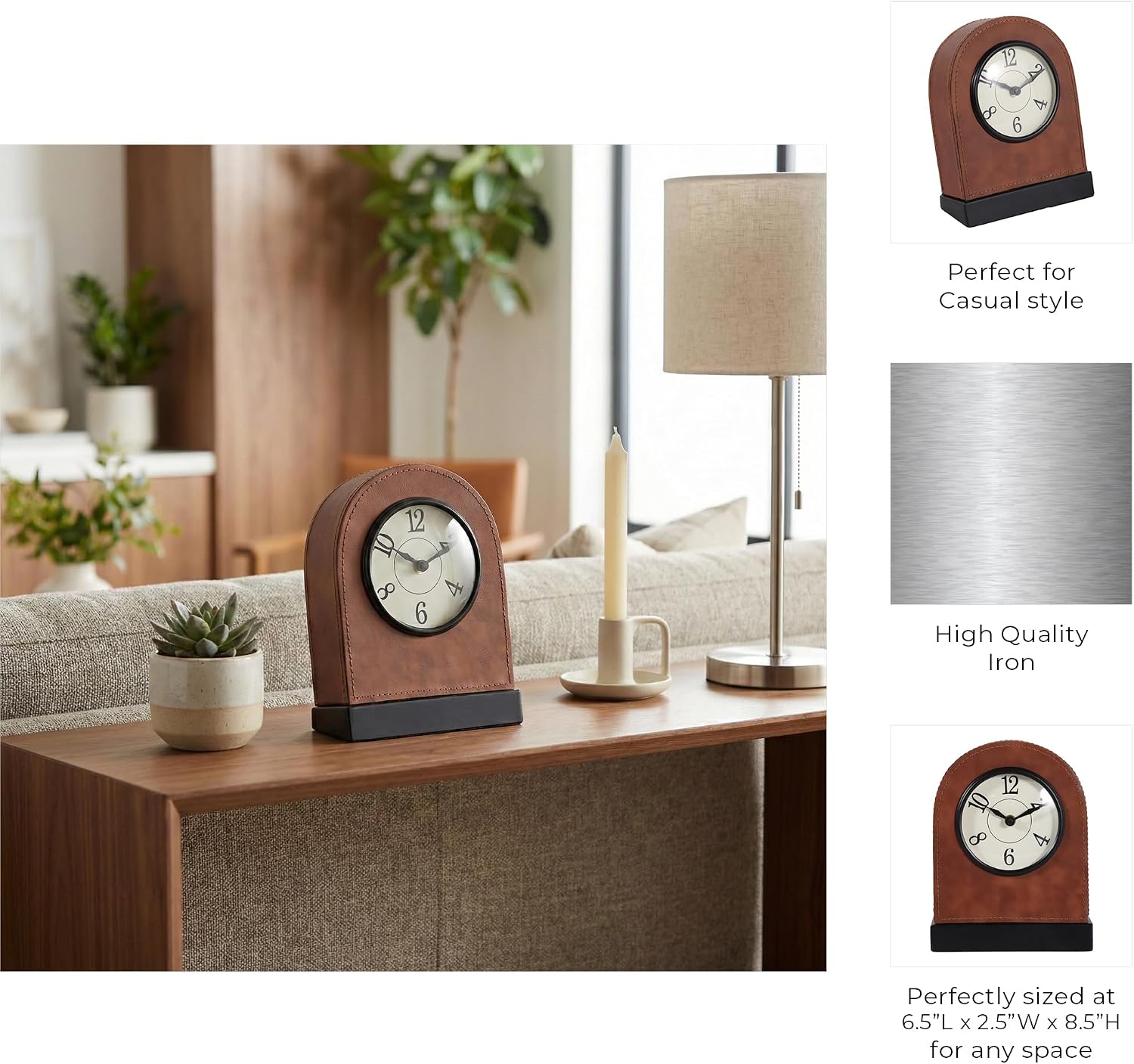 Faux Leather Arched Clock for Living Room Decor - Decorative Small Desk Clock for Office, Entryway Table, and Mantel - Home Decor Accent for Bedroom, Dorm, and Kitchen Counter - 9", Brown & White