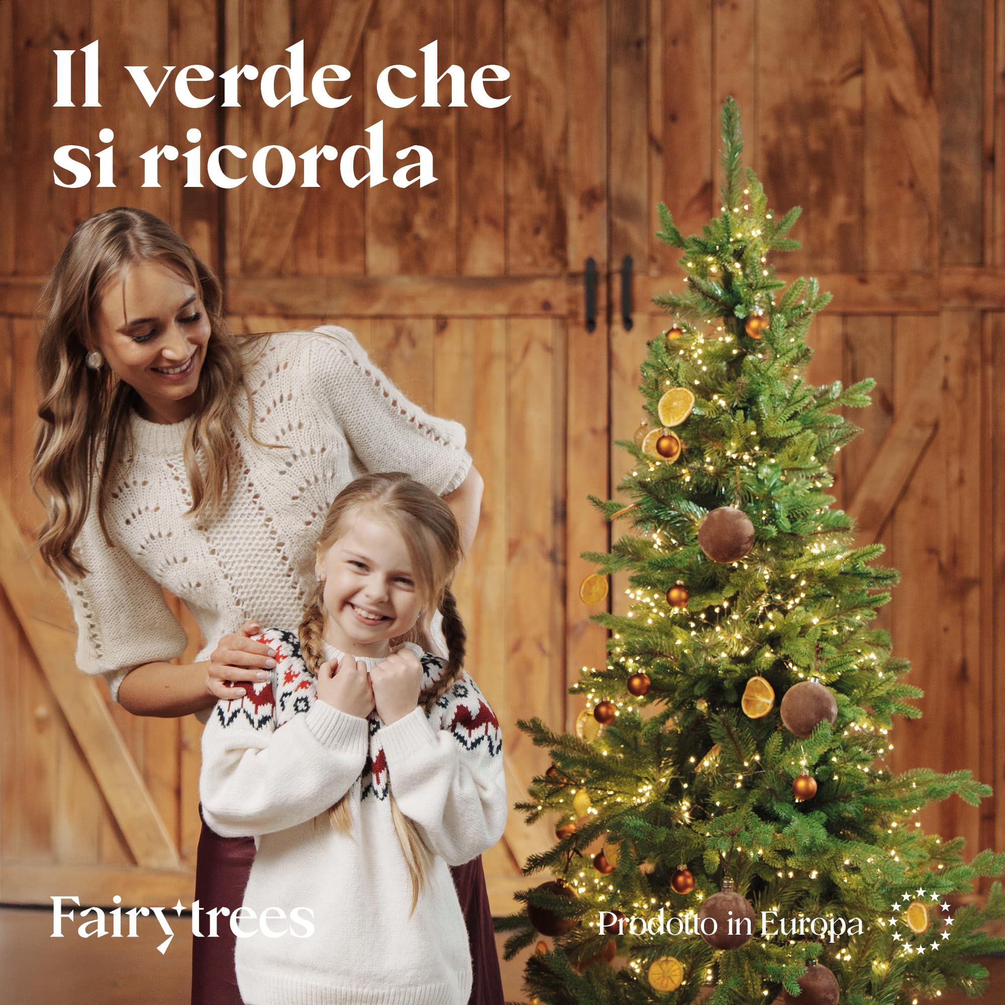 FAIRYTREES Albero di Natale 180 cm Nordman Premium SLIM | Elementi naturali realizzati ad iniezione| in UE | albero con supporto in legno di frassino fatto a mano