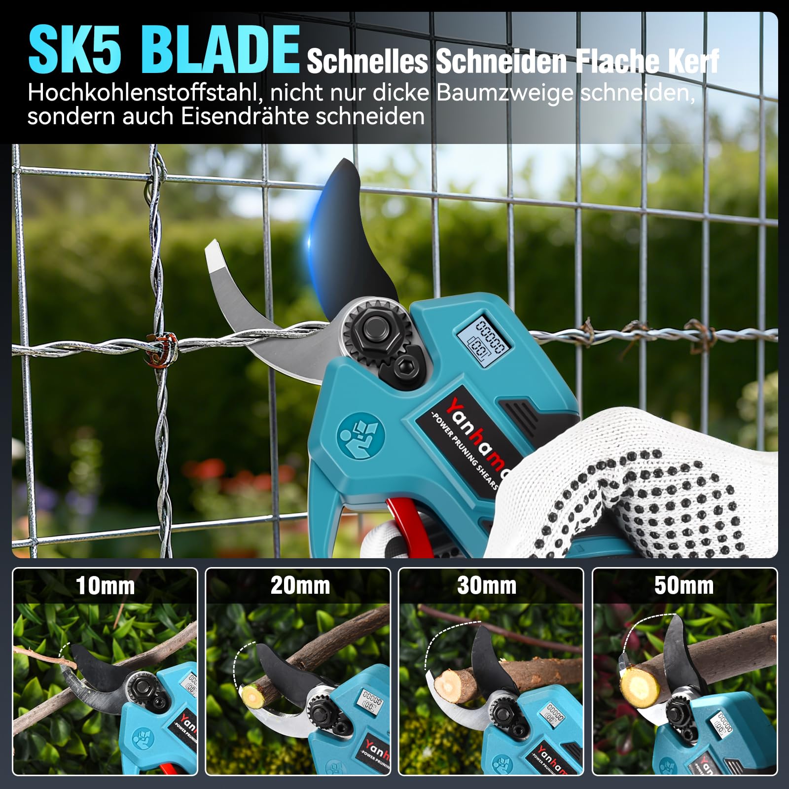 Akku Astschere 50MM Elektrische Gartenschere Kabellos für Makita mit LCD Anzeige 2x 2000mAh Batteries, Leistungsstark Leise, Professionelle Bürstenlose Gartenschere für Zweige, Sträucher, Stämme