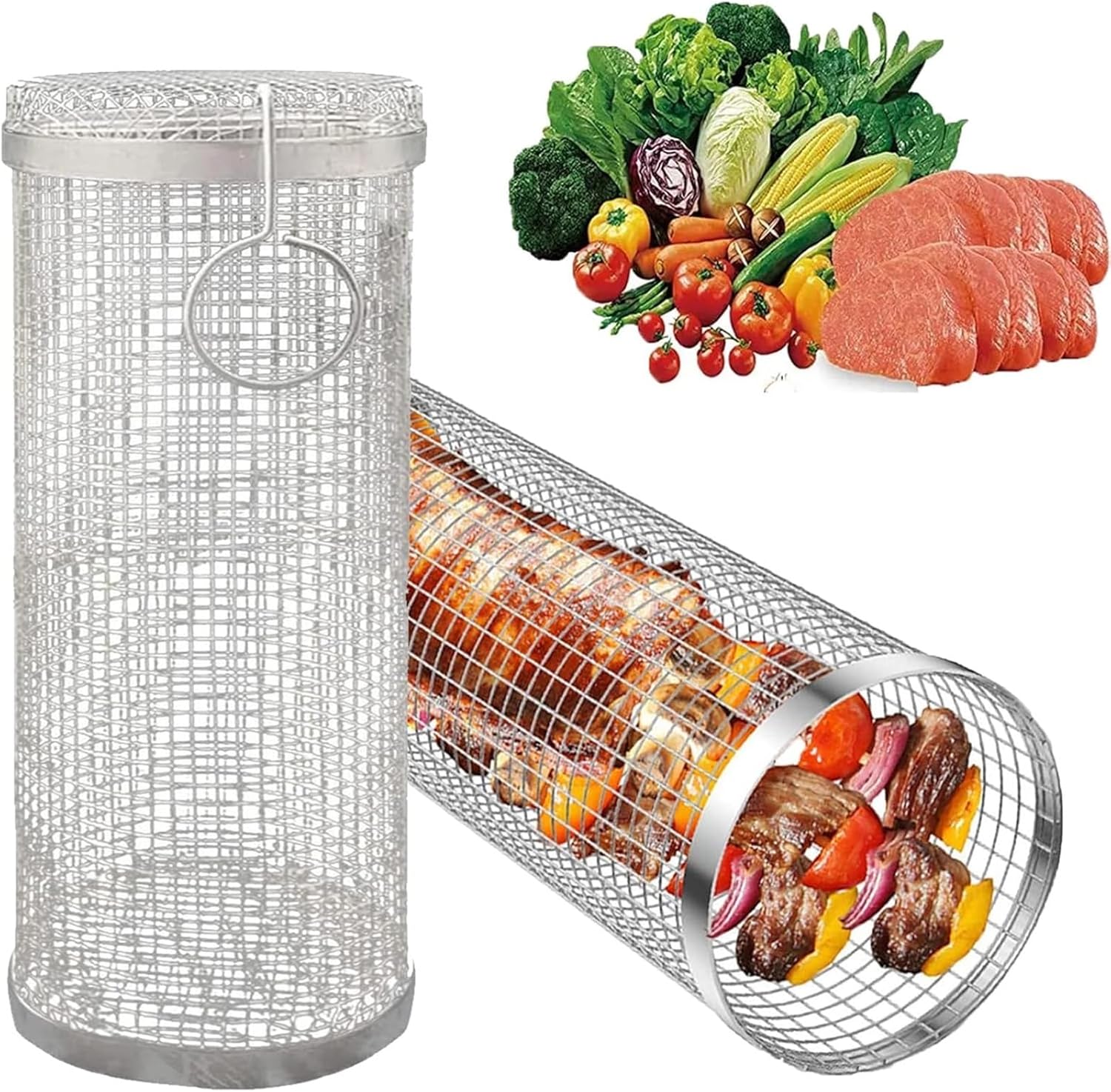 Grill Baskets， Stainless Steel Wire Mesh Cylinder Grilling Basket BBQ Grill Net(30X9X9cm)