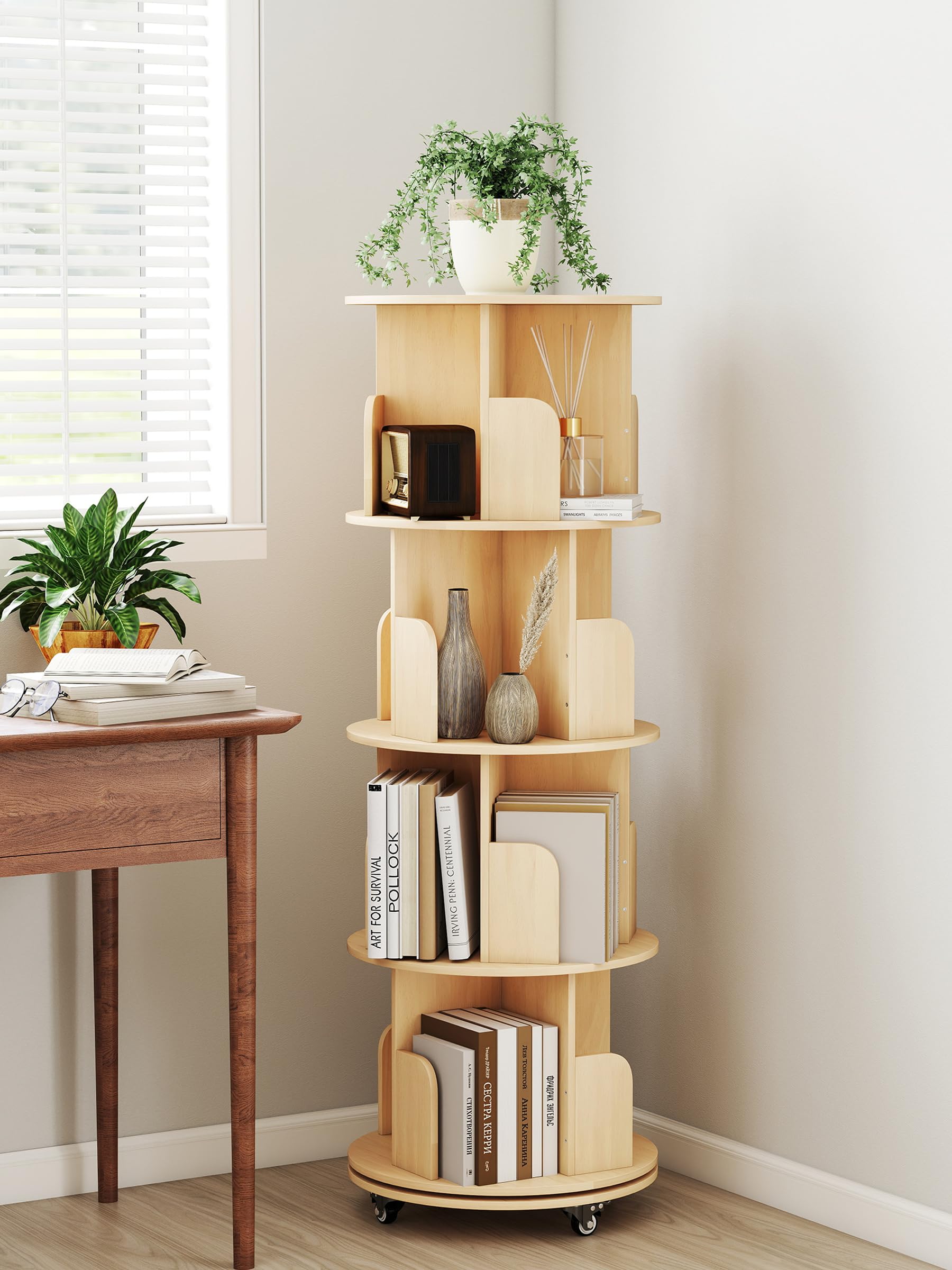 Estantería giratoria extraíble de 360° de 4 niveles, estantería giratoria con ruedas, almacenamiento de libros, estante de exhibición de libros, estante de pie para sala de estar, dormitorio