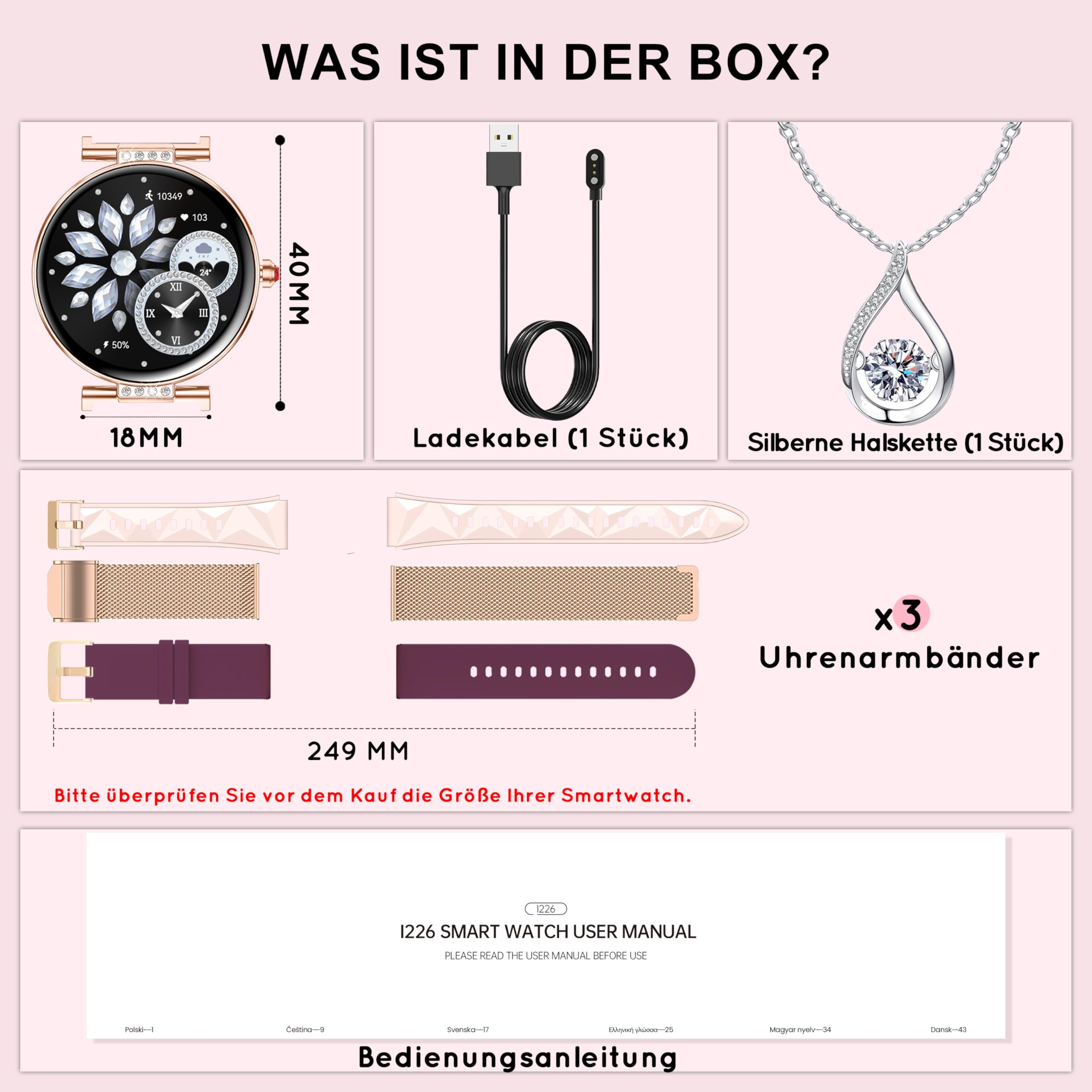 Smartwatch Damen Rund (3 Armbänder) 1,19" HD AMOLED Fitnessuhr mit Geschenk | Telefonfunktion Herzfrequenz SpO2 Schlafmonitor, 120+ Sportmodi Schrittzähler, IP68 Wasserdicht für iOS/Android, Roségold