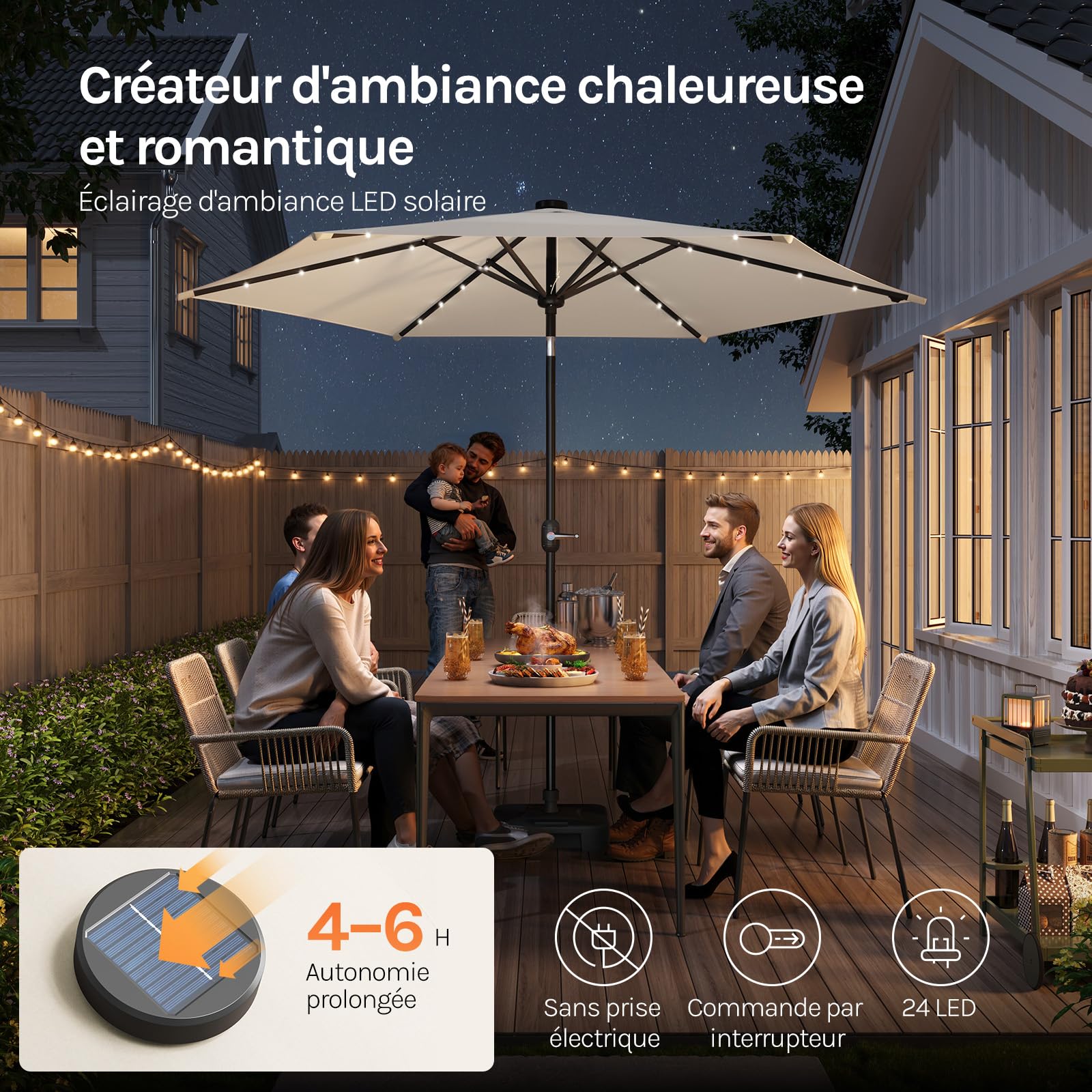 WOLTU Parasol de Jardin Extérieur, Parasol Droit Inclinable avec LED Solaire, Ø 3cm, avec Manivelle, Inclinaison Réglable, Protection UV 50+, pour Balcon ou Terrasse