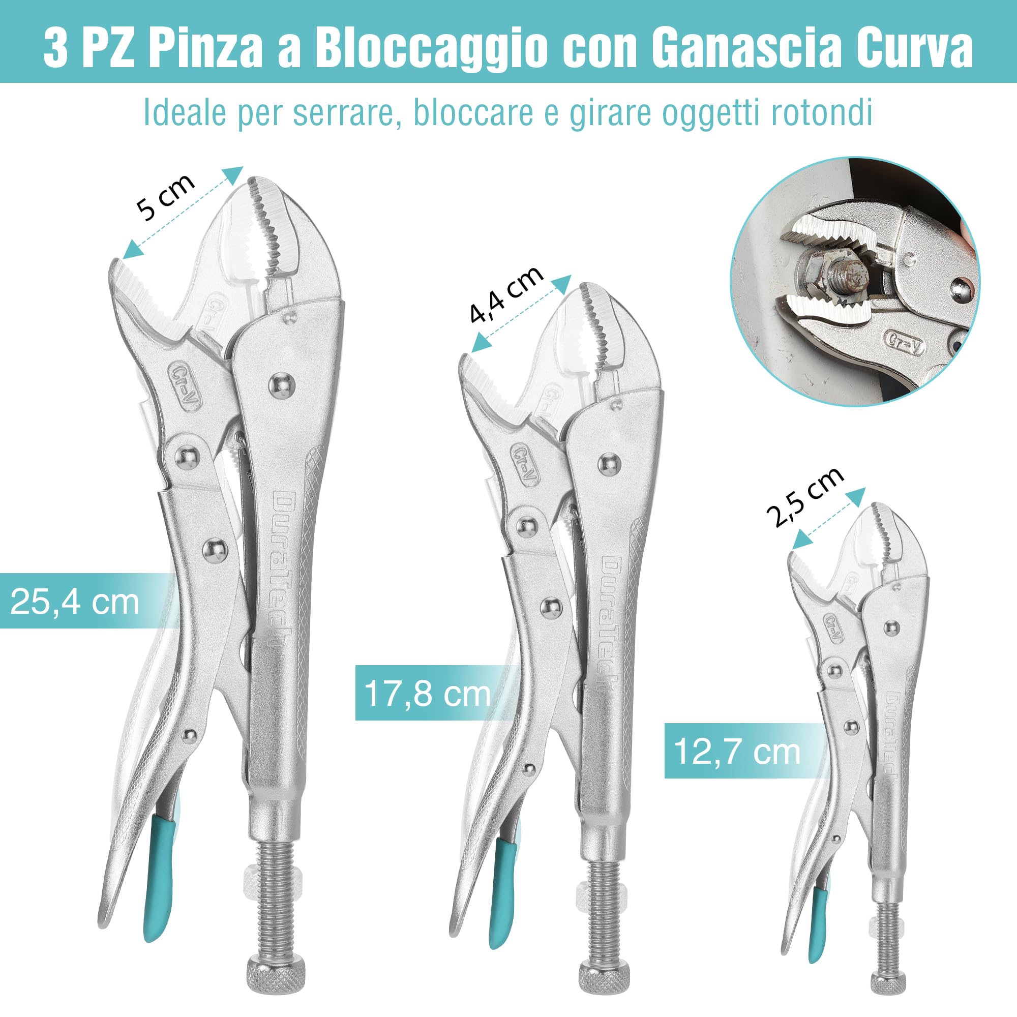 DURATECH 6 Pezzi Set di Pinze di Bloccaggio, 2 Pinze a Naso Lungo da 16,5 e 24 cm, 3 Pinze a Ganasce Curve da 12,7 e 17,8 e 25,4 cm, 1 Pinze con Morsetto a C da 15 cm, Custodia Incluso