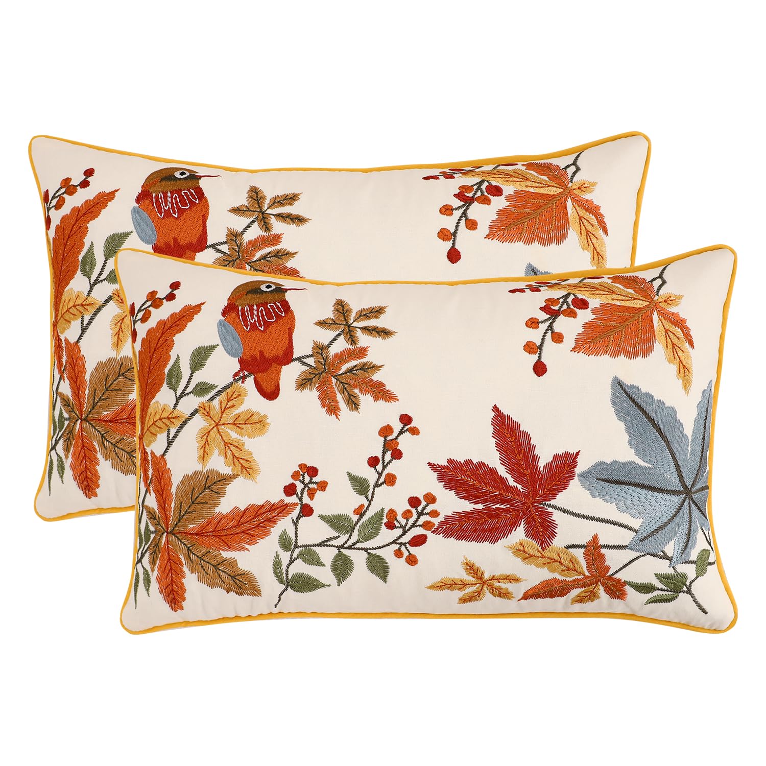 Tosleo Throw Pillow Covers Flower Embroidery 12 x 20 inch Spring Summer Cushion Cover Pillowcase Floral Set of 2 Maple Leaves Bird Decorative for Garden Sofa Living Room Bed Couch Car Gift Home Deco