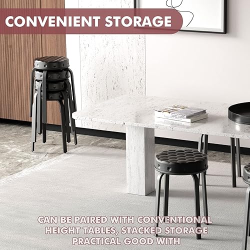 Miniatura 4 de Sofeya Juego de 2 taburetes de bar, 18.5 pulgadas, redondo, de piel sintética, con patas de metal, sillas cortas tapizadas modernas y apilables para