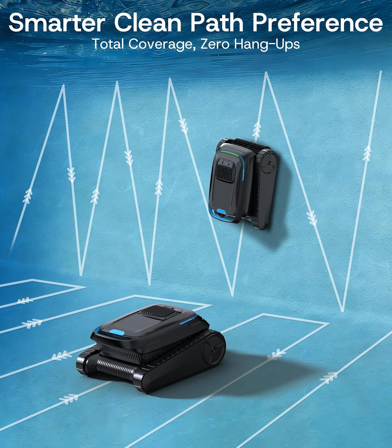 BOTLUXE PC10 Robotic Pool Cleaner demonstrating smart navigation paths