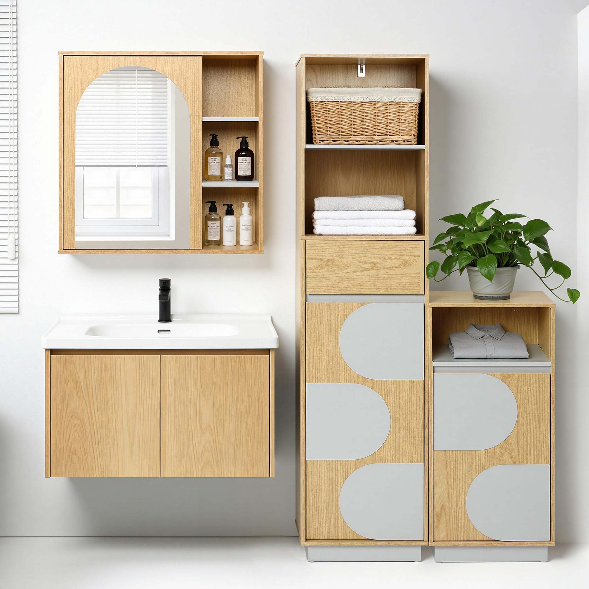 Hometopia Badezimmer Hochschrank Holz, 166 cm schmal mit Tür | 30x40 cm Grundfläche, 1 Schublade, verstellbare Böden unten, für kleine Bäder, freistehend, Eichenoptik, pflegeleicht