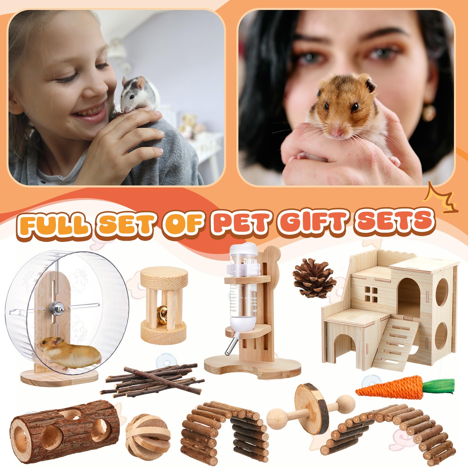 Sonwyoung 18 Pcs Hamster Cage Accessories, Silent Hamster Wheel, Chew Toys Set, Maze Wood House and Water Bottle Set for Rat Mice Small Animals Habitat (Natural Log Style) - image 6