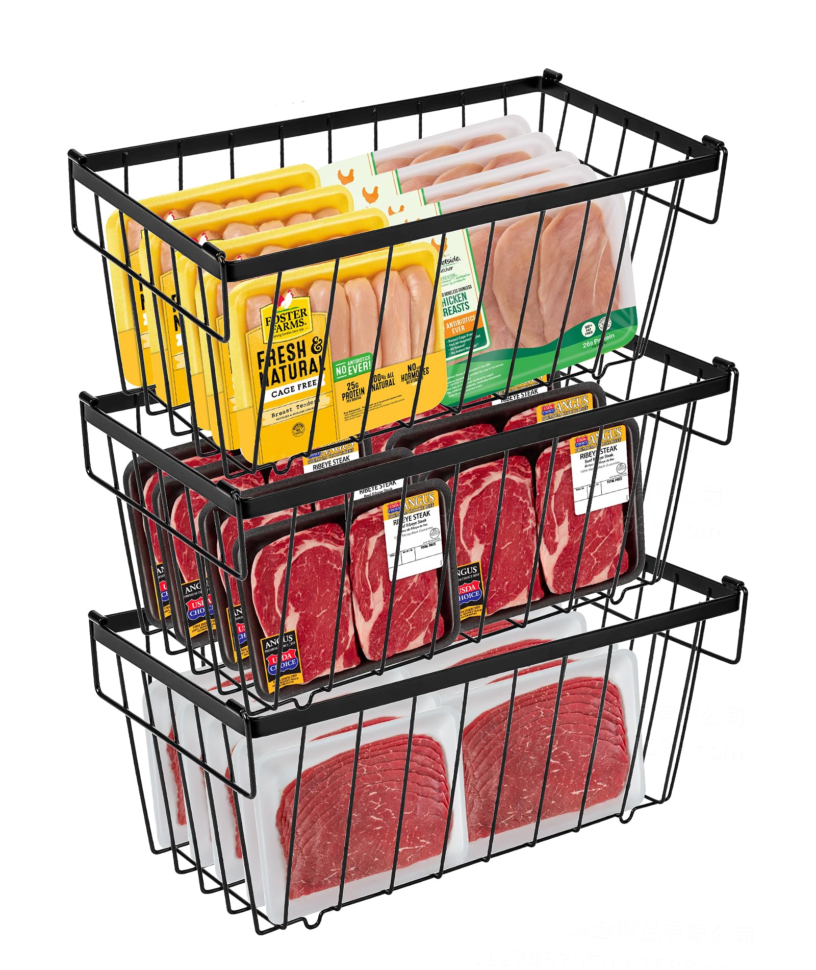 3PCS Cestini per Congelatore，cestelli per Congelatore Impilabili in Metallo Con Manici E Fondo Nero Antiscivolo, Adatti per Contenitori Organizer per Congelatore 37 X 18.5 X 15.5 Cm (3)
