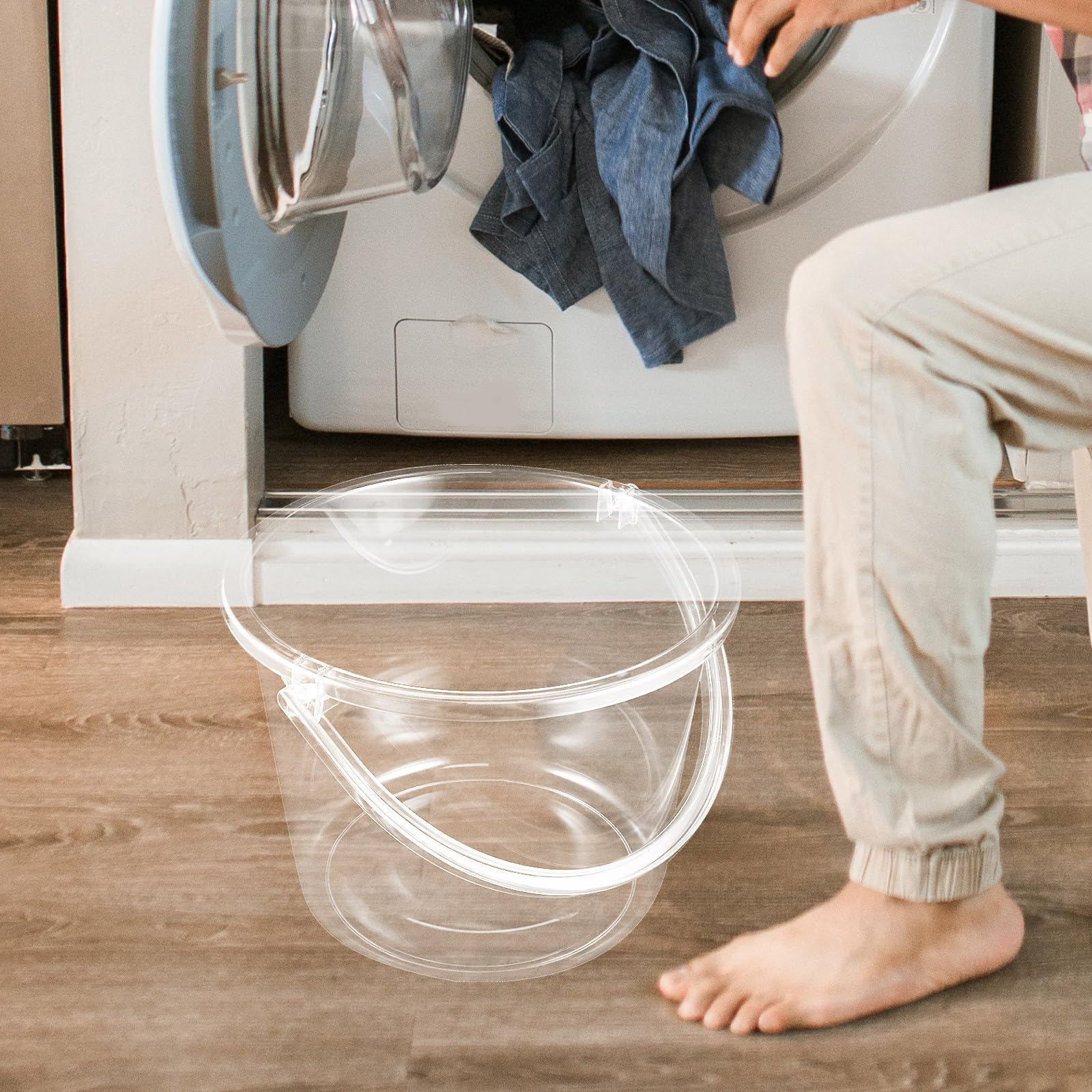 Seau avec Poignée en Plastique Transparent de Grosse Capacité, Réutilisable et Confortable à Porter pour Buanderie et Nettoyage Domestique