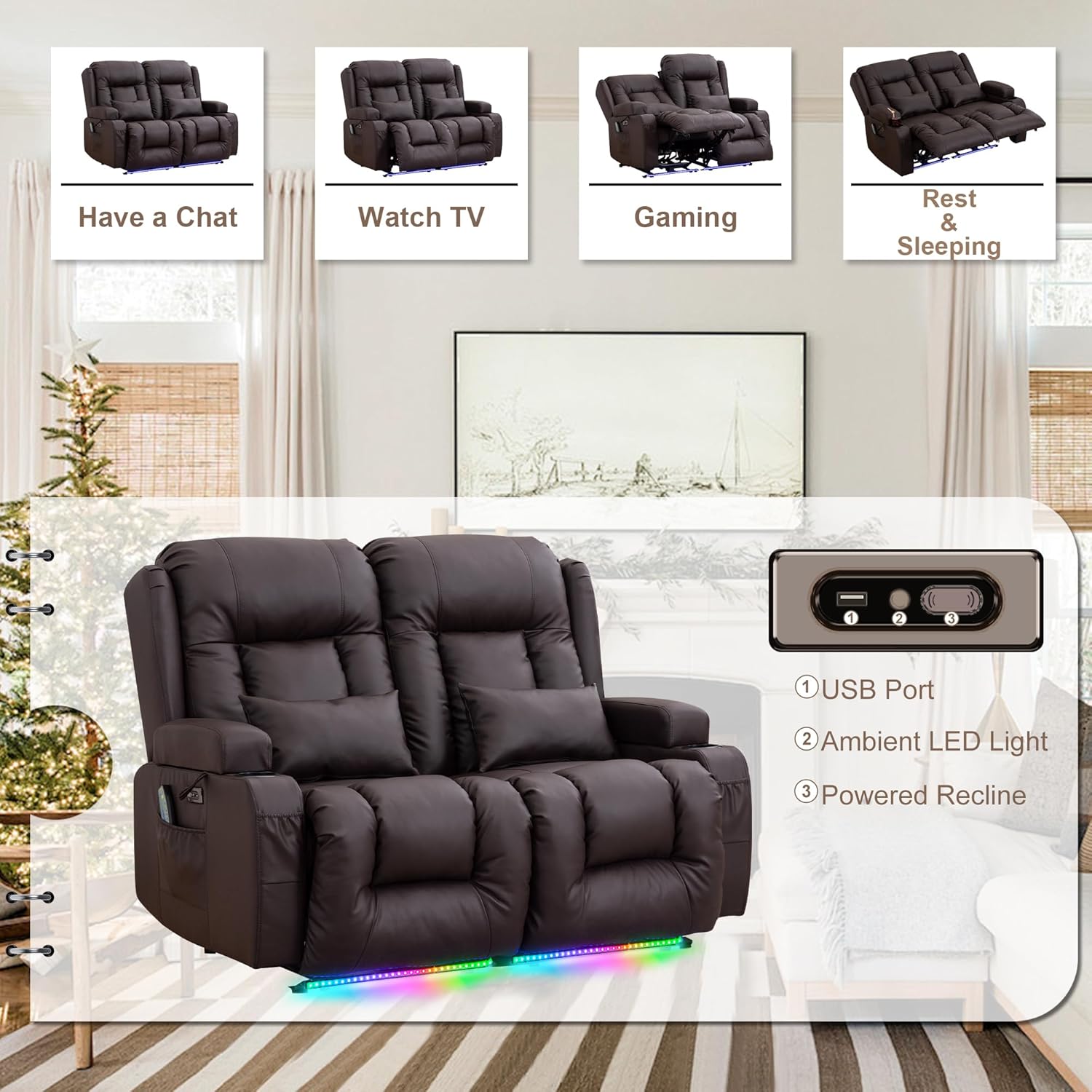 TUNYI Power Loveseat Recliner Sofa - Home Theater Seating with Massage & Heat Faux Leather RV Recliner Loveseat Sofa with USB/Cup Holder/Side Pocket/LED Light/Pillow (Brown)