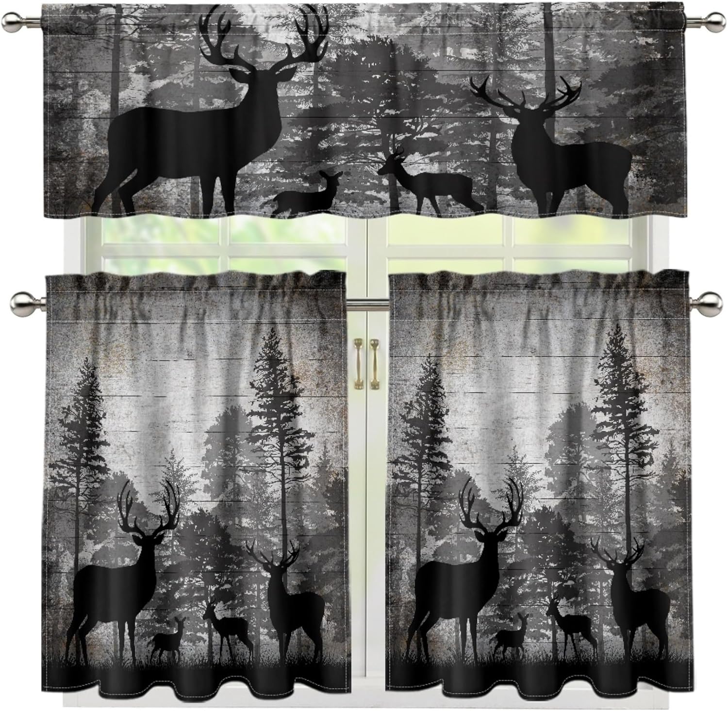 Wild Animal Valance Curtains for Boys, Deer Black Forest Silhouette Dark Wood Board Backdrop Window Treatments, Rod Pocket Drapes for Man Cave Teens Room Bedroom Decor, 54x18in 1P+27x36in 2P