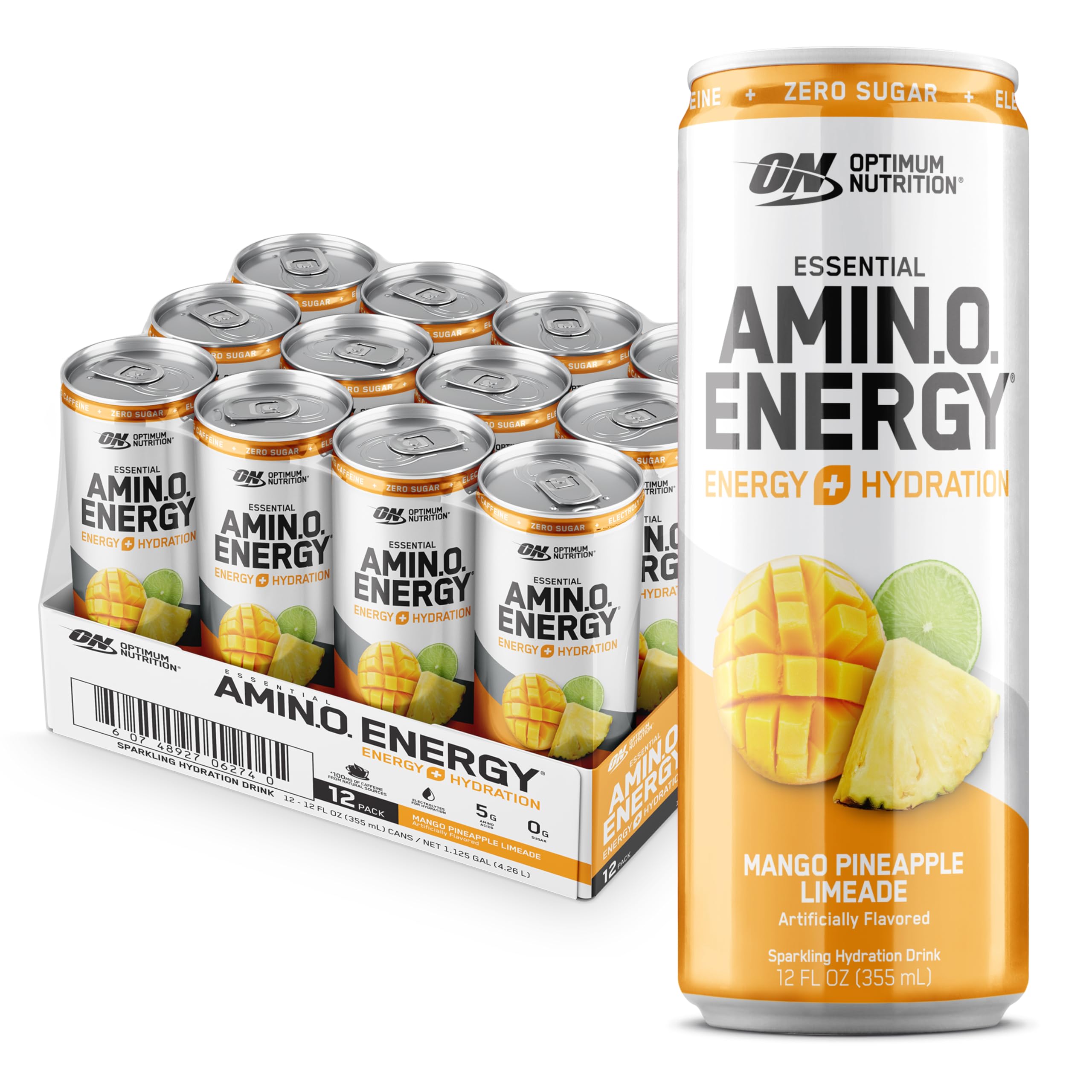Optimum Nutrition Amino Energy Sparkling Hydration Drink, Electrolytes, Caffeine, Amino Acids, BCAAs, Sugar Free, Mango Pineapple Limeade, 12 Fl Oz, 12 Pack (Packaging May Vary)