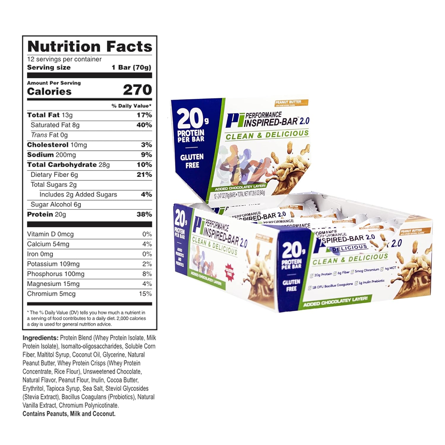 Performance Inspired Nutrition Protein Bar 2.0 Mixed Box – 12 Bars (4 Chocolate, 4 Peanut Butter, 4 Birthday Cake) – 20G Protein, 6G Fiber, 4G MCTs, 1 Billion CFU Probiotics – Gluten-Free
