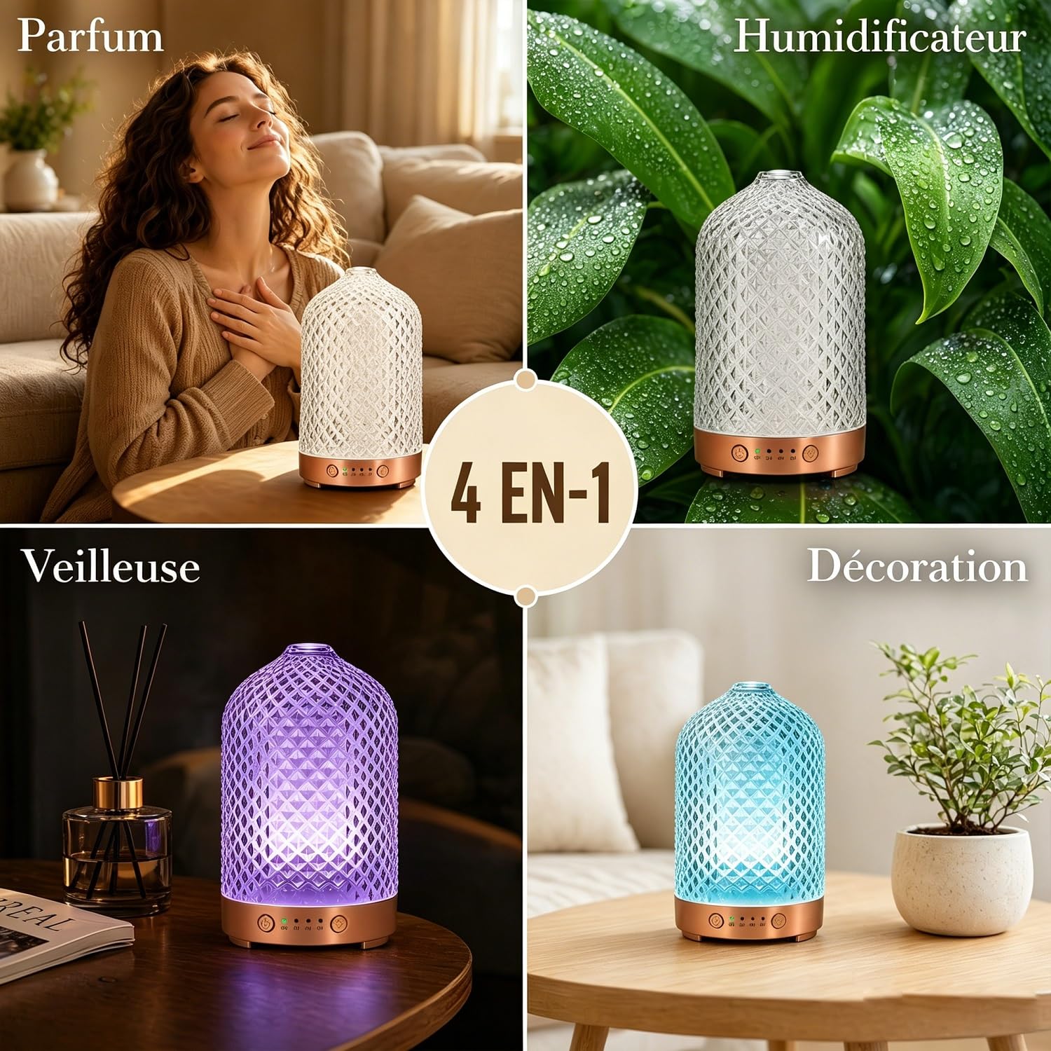 Diffuseur d'huiles essentielles électrique aromathérapie Diffuseurs d'arômes en Verre 200ml Humidificateur avec arrêt Automatique, 7 lumières LED, ultrasonique Silencieux pour la Maison Bureau Cadeau