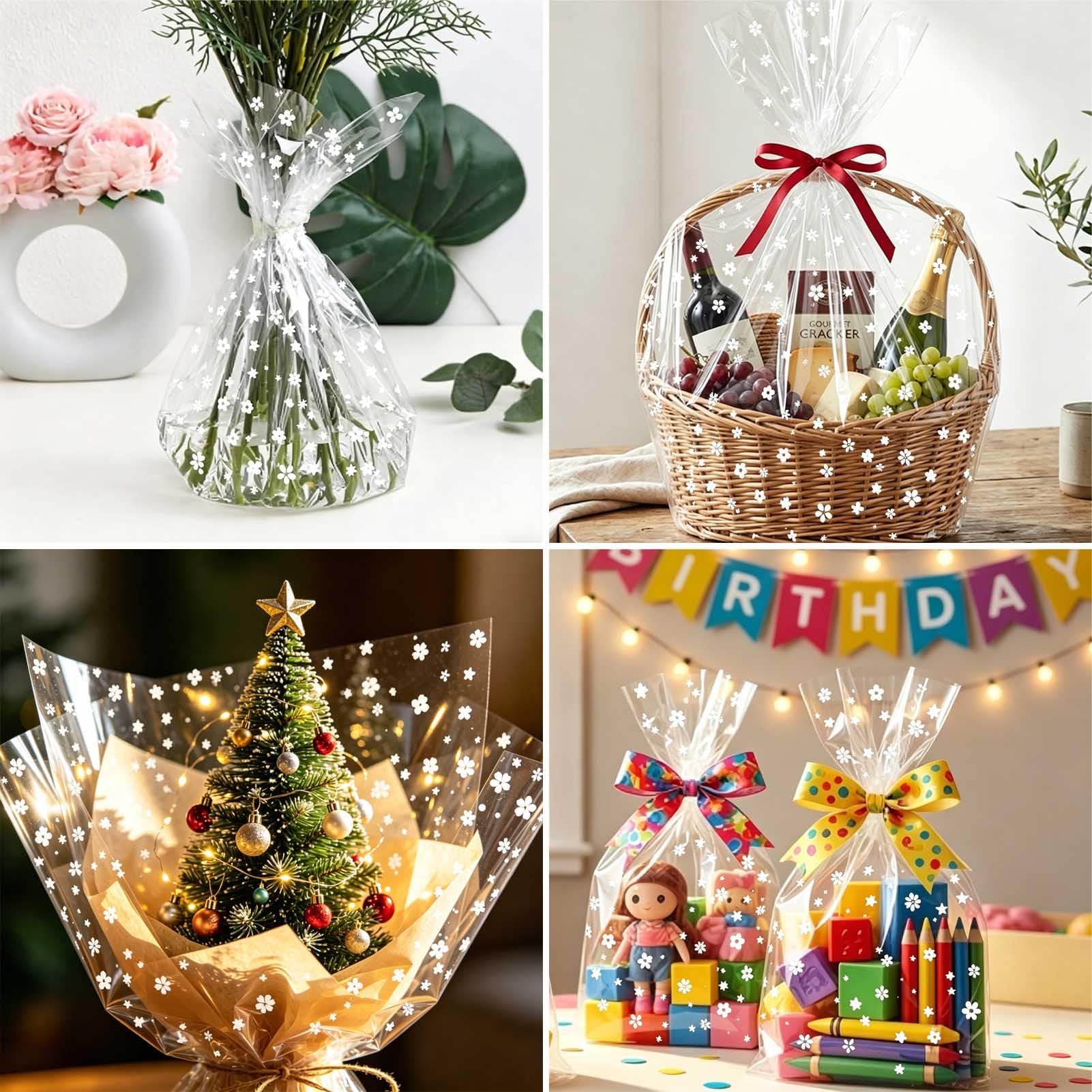 RYIRXI Rollo Papel de Regalo Celofan Transparente con Flores Estrellas Dibujos, Papel Envolver Celofán Regalo Cumpleaños Boda Navidad Envolver Regalos Personalizado