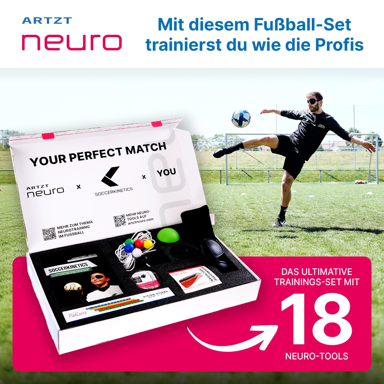 Fußball Set für neurozentriertes Fußballtraining | Fußball Trainingsset | Fussball Trainingszubehör | Reaktionstraining & Koordinationstraining | 18 Tools inkl. Soccerkinetics Übungsbuch