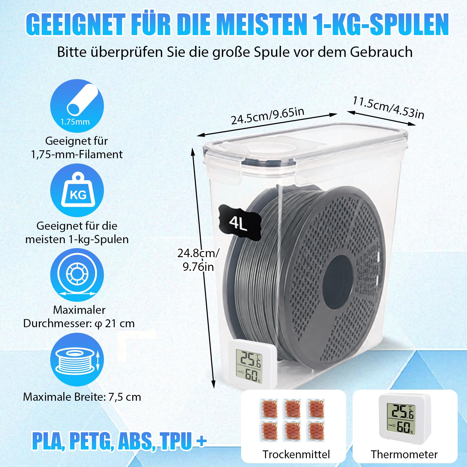 8 Stück Filament Aufbewahrungsbox mit Hygrometer für 3D Druck Filament,4L
