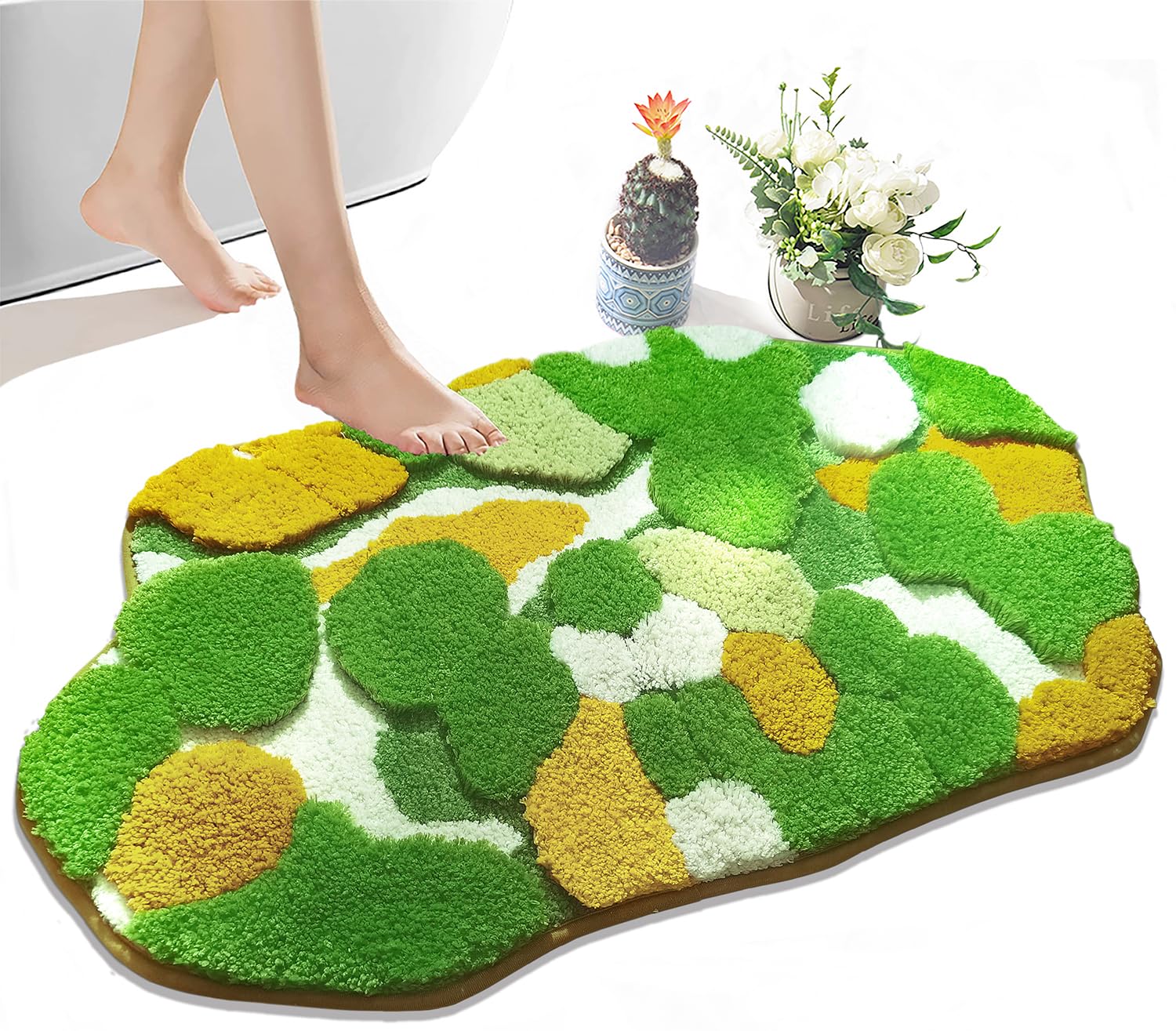 Cute Yellow Green Moss Shag Bathroom Rugs Leaf Bath Mats for Bathroom Decor Aesthetic Leaves Soft Non Slip Washable Aabsorbent Floor Carpet Boho
