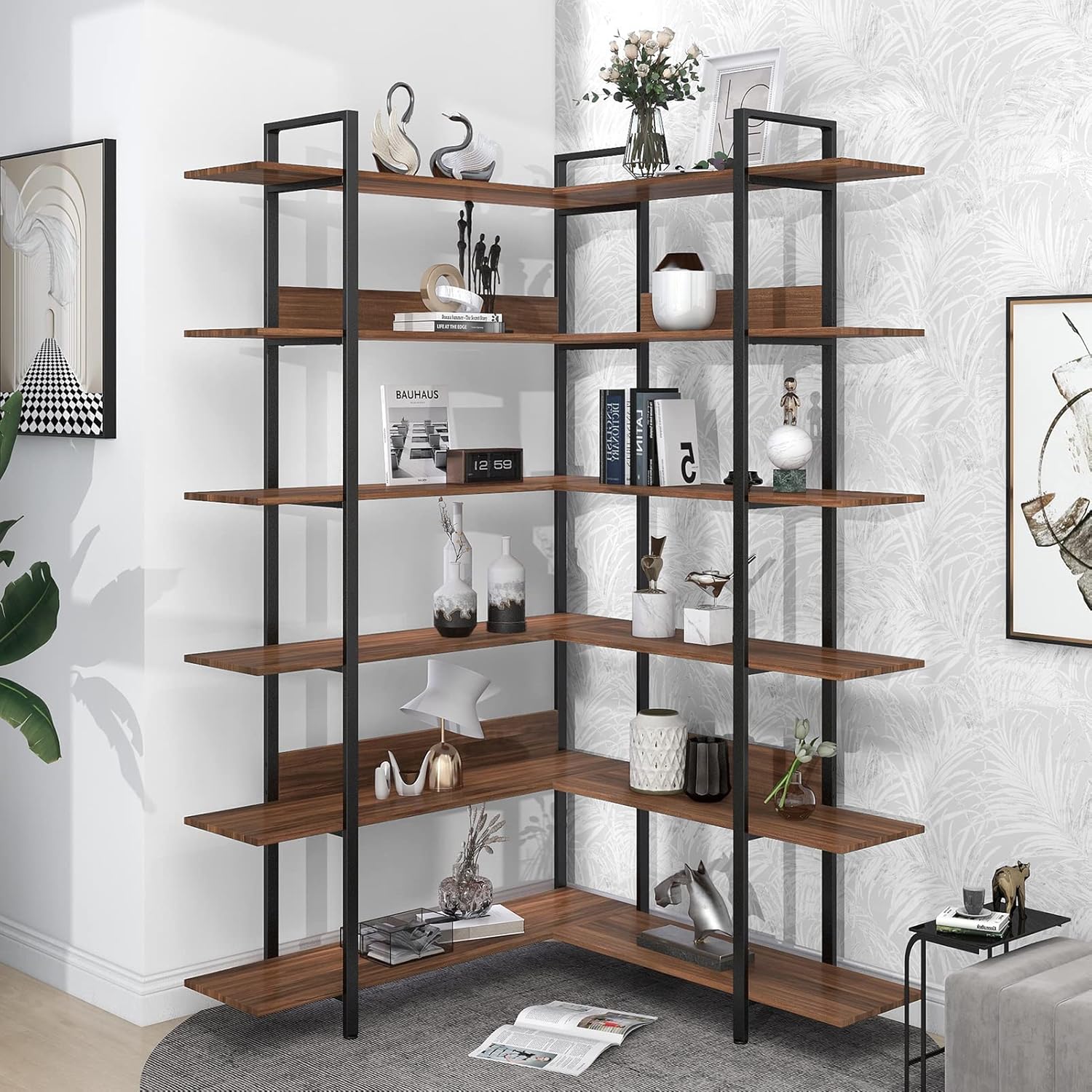 74.8” LShape Bookcase Shelf, 6Tier Industrial Etagere
