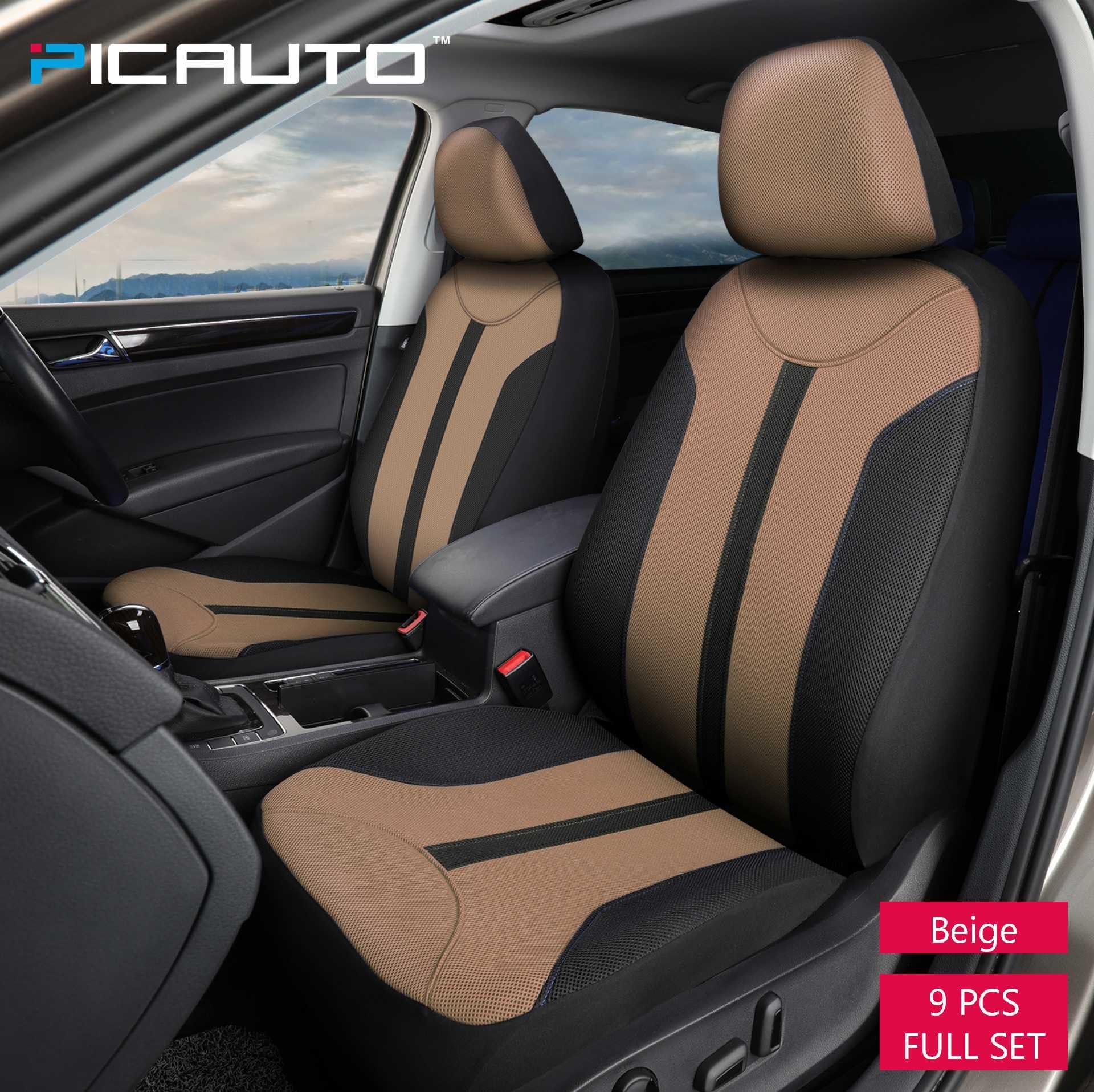 PIC AUTO Car Seat Covers Full Set Mesh Fabric for Cars SUV Truck Van Universal Fit 9PCS, Beige