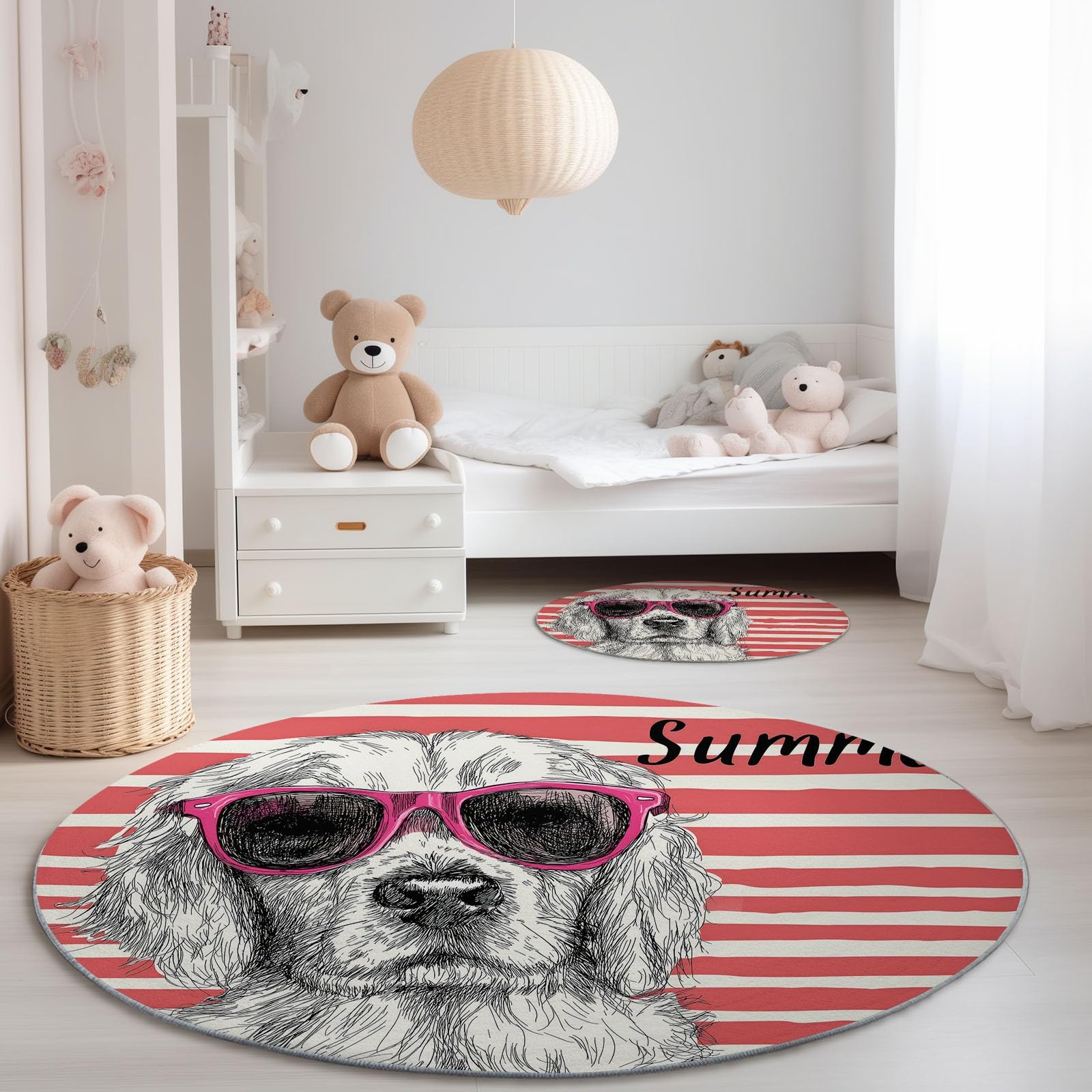 Generisch Teppich Rund Hundestreifenmuster 160 cm rutschfest Waschbar, Weicher Handgezeichneter Stil Runder Teppich für Kinderzimmer Babyzimmer Wohnzimmer Schlafzimmer Flur Innenbereich, Rosa
