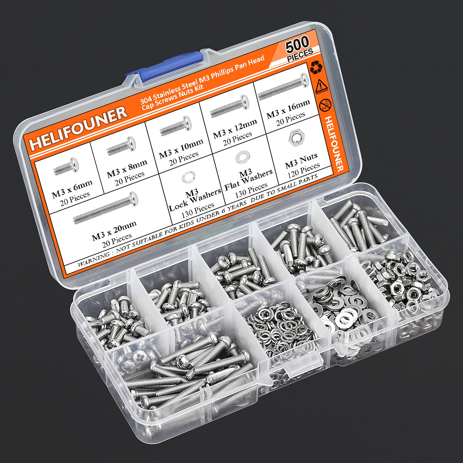 HELIFOUNER 500 Pieces M3 x 6mm /8mm /10mm /12mm /16mm /20mm, Phillips Pan Head Machine Screws, Metric Screws Bolts Washers Nuts Kit, 304 Stainless Steel
