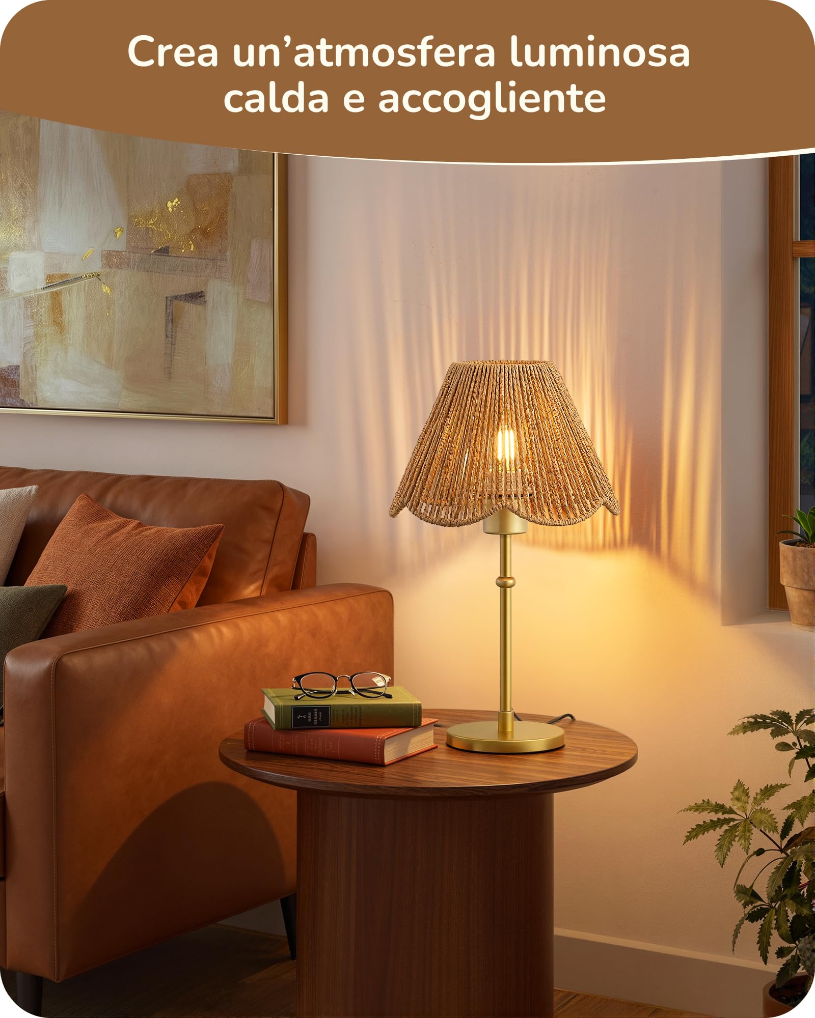 EDISHINE Lampada Tavolo E27, Paralume Corda Carta, Base Metallo Dorata | Bianco Caldo 2700 K, Paralume in Corda Carta Intrecciata a Mano, Lampadina LED Inclusa, Decorativo per Camera, Soggiorno