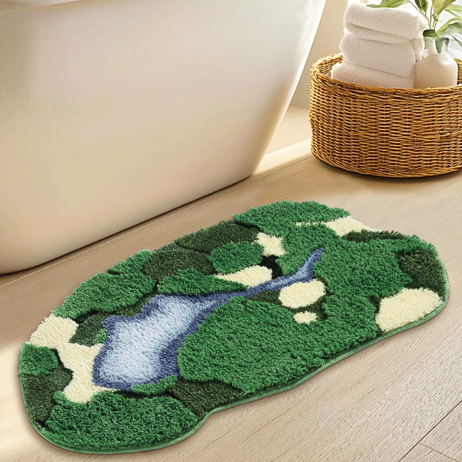 Alfombra de baño de musgo verde, ultra gruesa, suave, decoración estética 3D, bonita alfombra de baño única, súper absorbente, antideslizante, lavable, alfombra de musgo para suelo de ducha