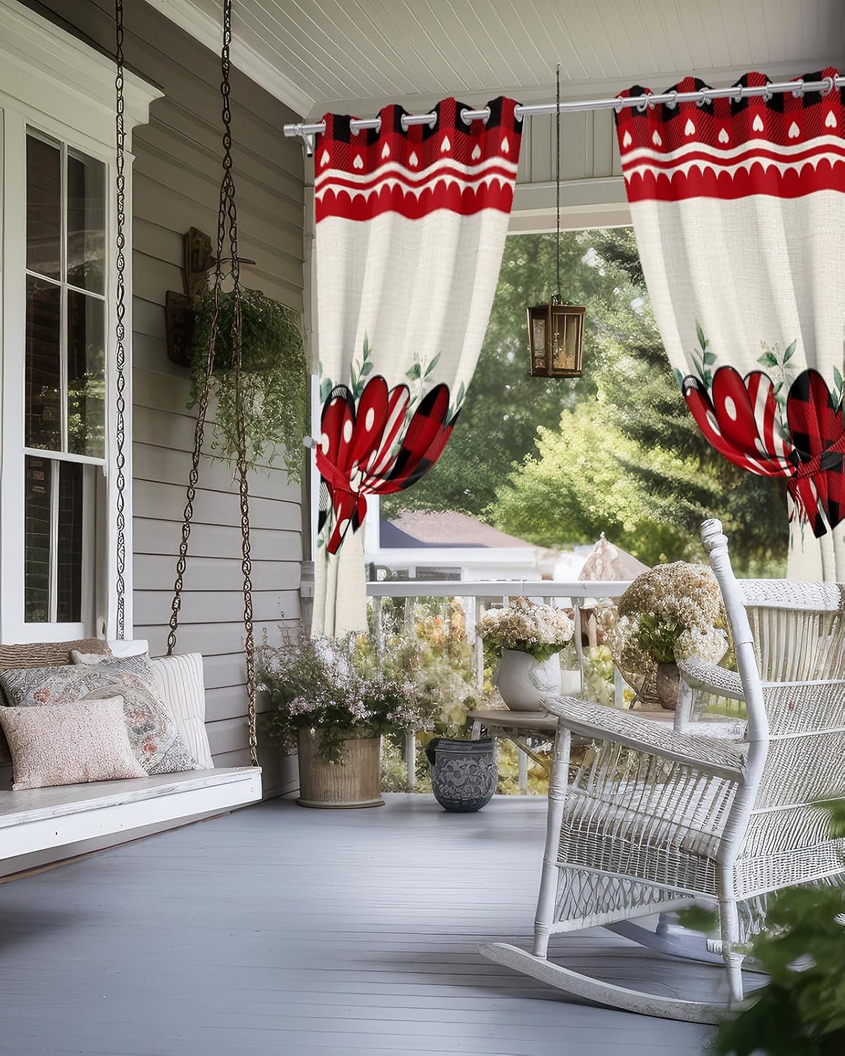 Indoor Outdoor Curtains for Patio Valentine's Day Love Heart with Eucalyptus Leaves Red Plaid Outside Curtains Waterproof Grommet Privacy Light Filter Drapes for Porch Pergola 52"Wx84"L 2 Panels