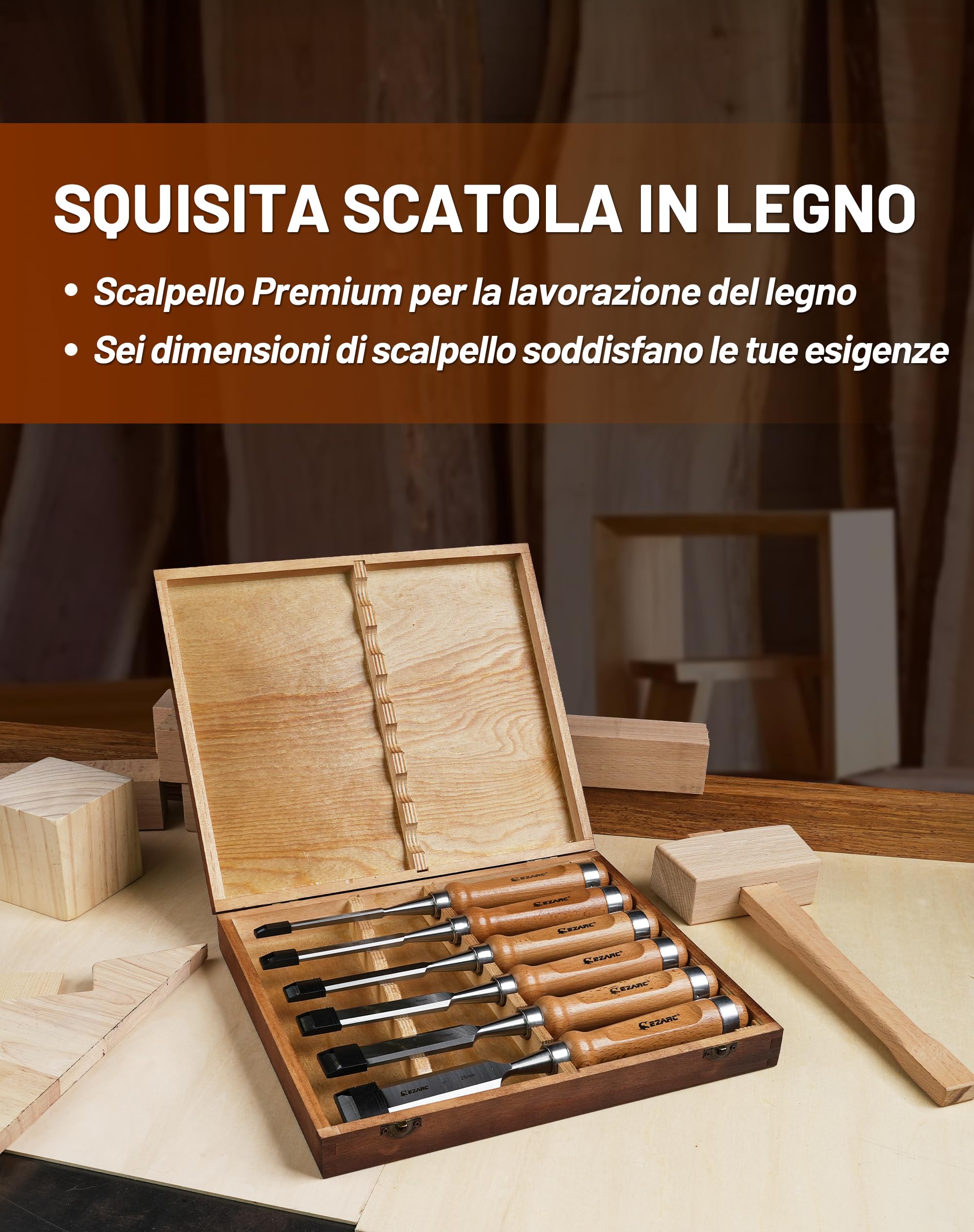 EZARC Set di Scalpelli per Legno Professionali, Set di 6 Scalpelli con Custodia in Legno Per Intaglio del Legno, Carpenteria, Rifilatura dei Bordi