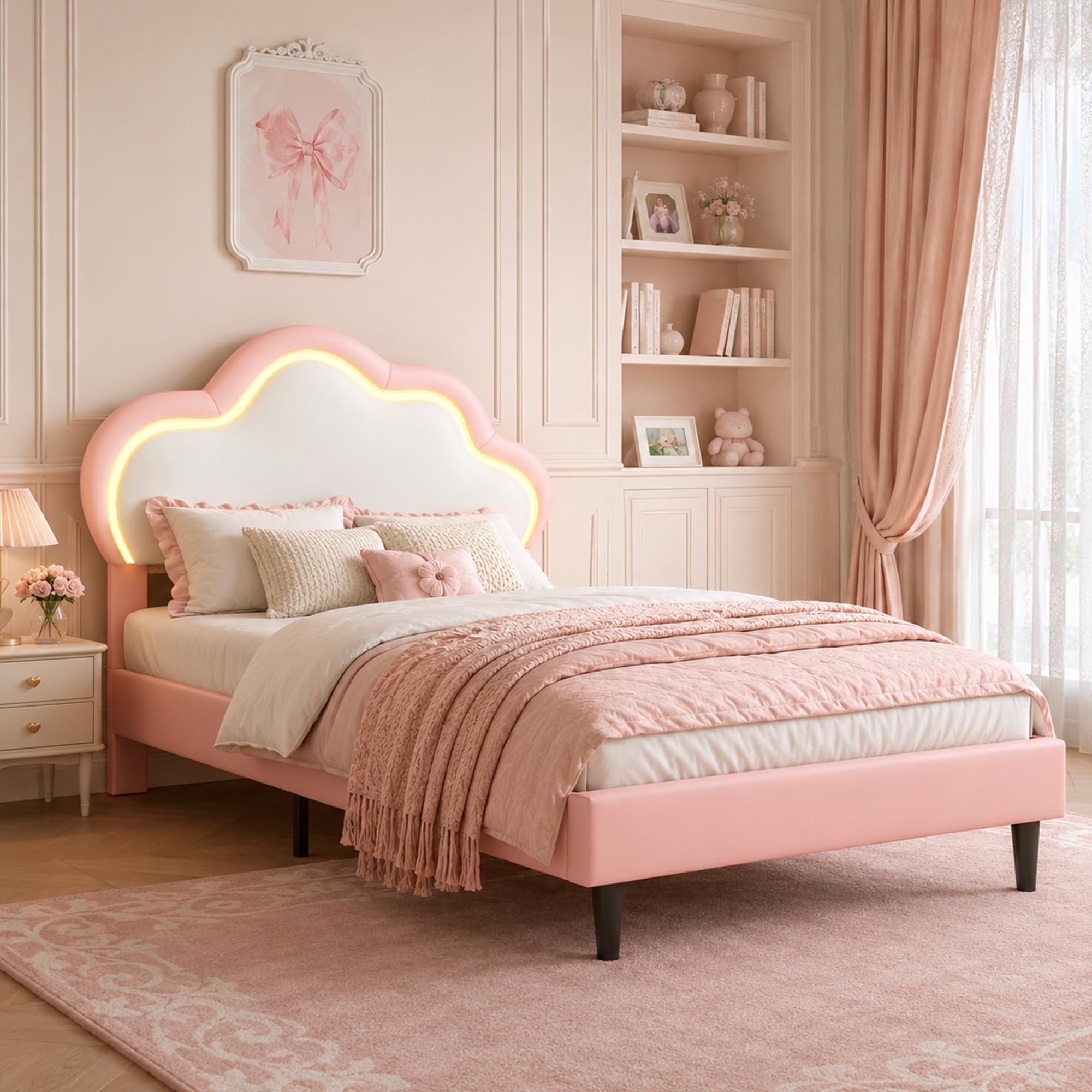 Cama infantil niña 90 x 200 cm, cama infantil nube con LED, cabecera ajustable en altura en forma de nubes, somier de láminas, camas acolchadas para 1 persona para niña adolescente, PU, rosa+blanco