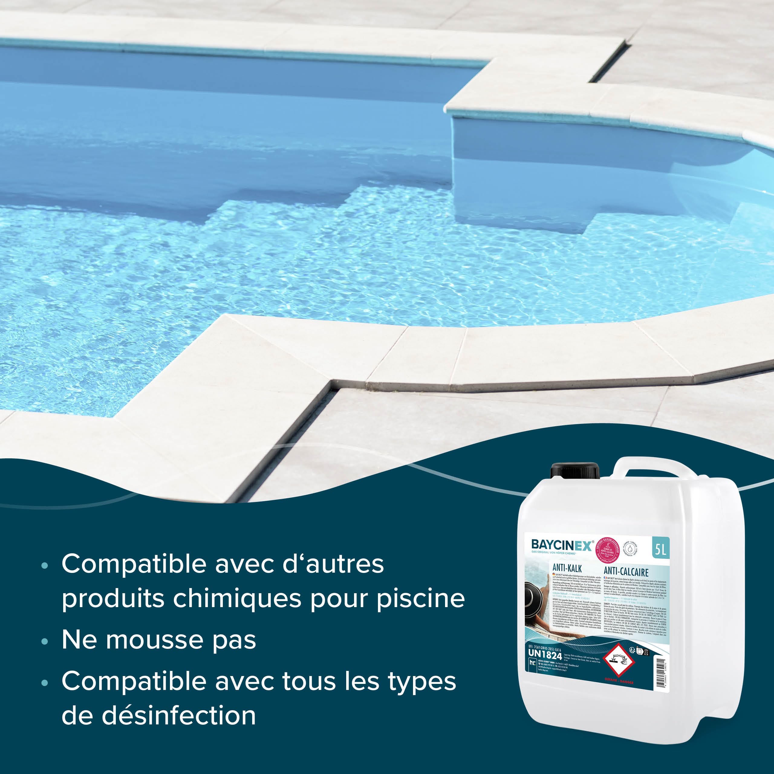BAYCINEX® Anti-Calcaire Piscine 1 x 5 L – Détartrant Liquide – Élimine Dépôts Calcaires Fond, Parois & Équipements – Utilisable Bassin Rempli – Compatible Tous Filtres – 300 ml/10 m³