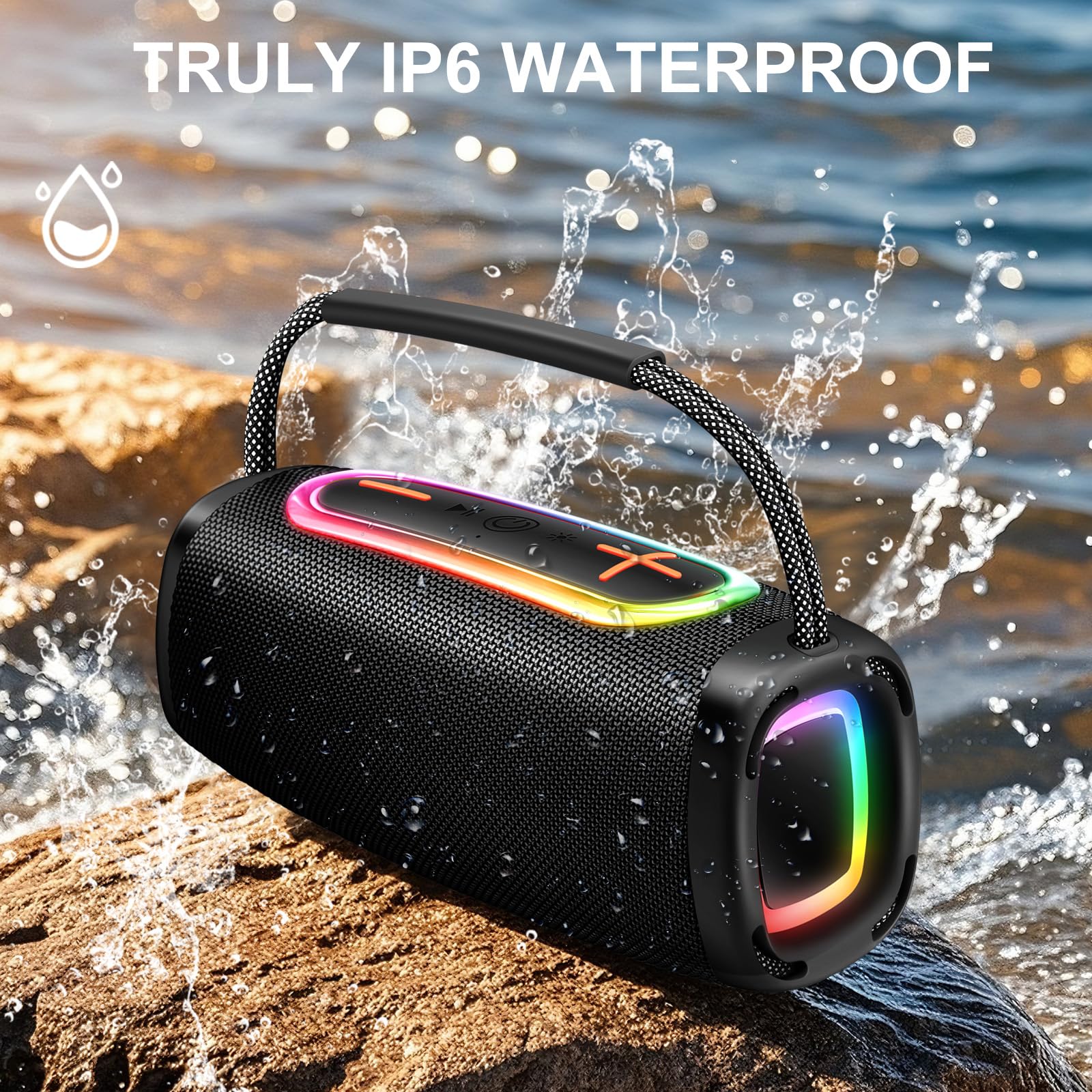 Donerton Altavoz Bluetooth Potente, Altavoz Portátil con 6000 mAh y hasta 36 h, Bluetooth 5.4, Sonido Estéreo 60W, Graves Potentes, Luces LED, Micrófono y Asa para Fiestas, Viajes, Camping y Exterior