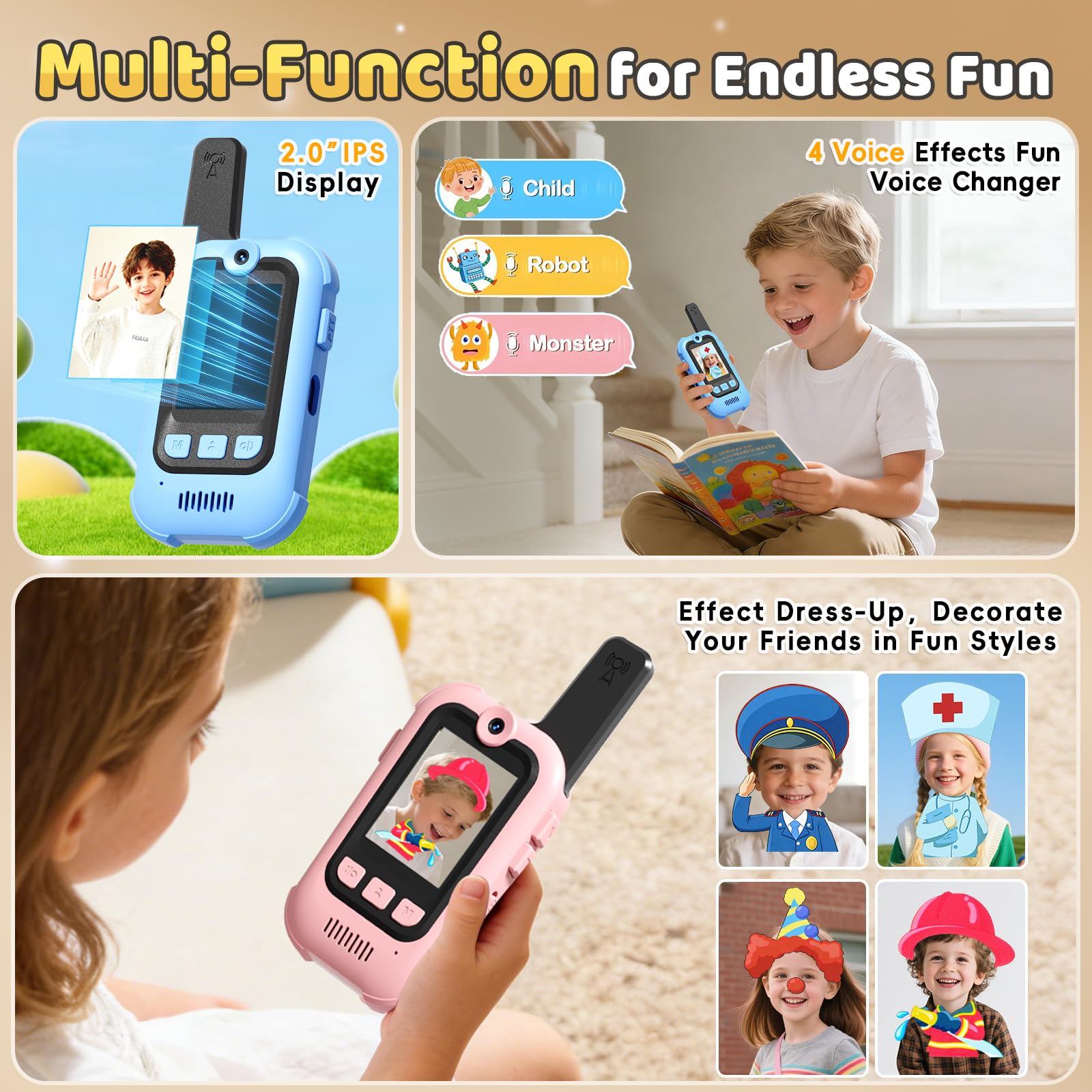 Video Walkie Talkies for Kids, 2 Pack Long Range Walkie Talkies with Screen & Voice Changer, Outdoor Toys for Boys Girls Ages 3-12, Family Games Birthday Gifts for Kids (Blue+Pink)
