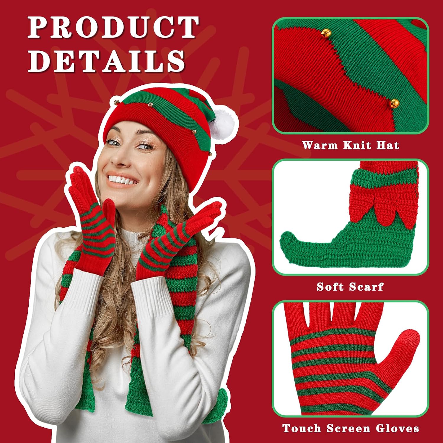 Suhine 3 Pcs Christmas Scarf Hat Gloves Set Winter Knitted Elf Hat Santa Scarf for Party Christmas Party Gifts image 3