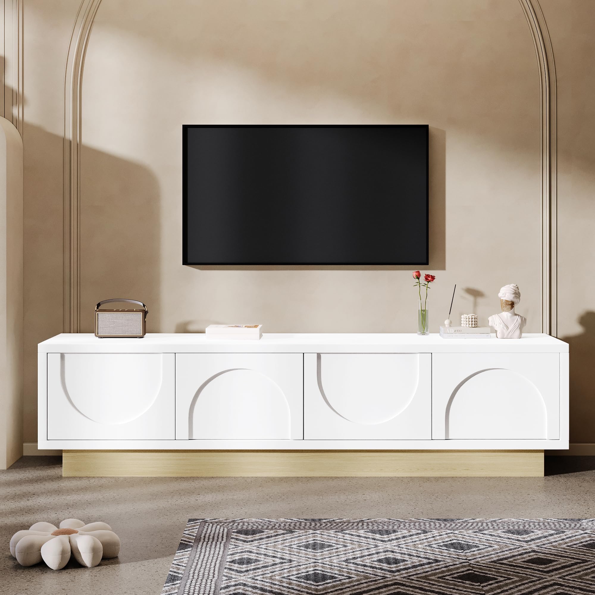 Merax Meuble TV blanc avec grain de bois - 175 cm - Design incurvé minimaliste - Espace de rangement suffisant et gestion des câbles - Sans poignée avec fonction push-to-open - 175 x 40 x 42 cm (L x l