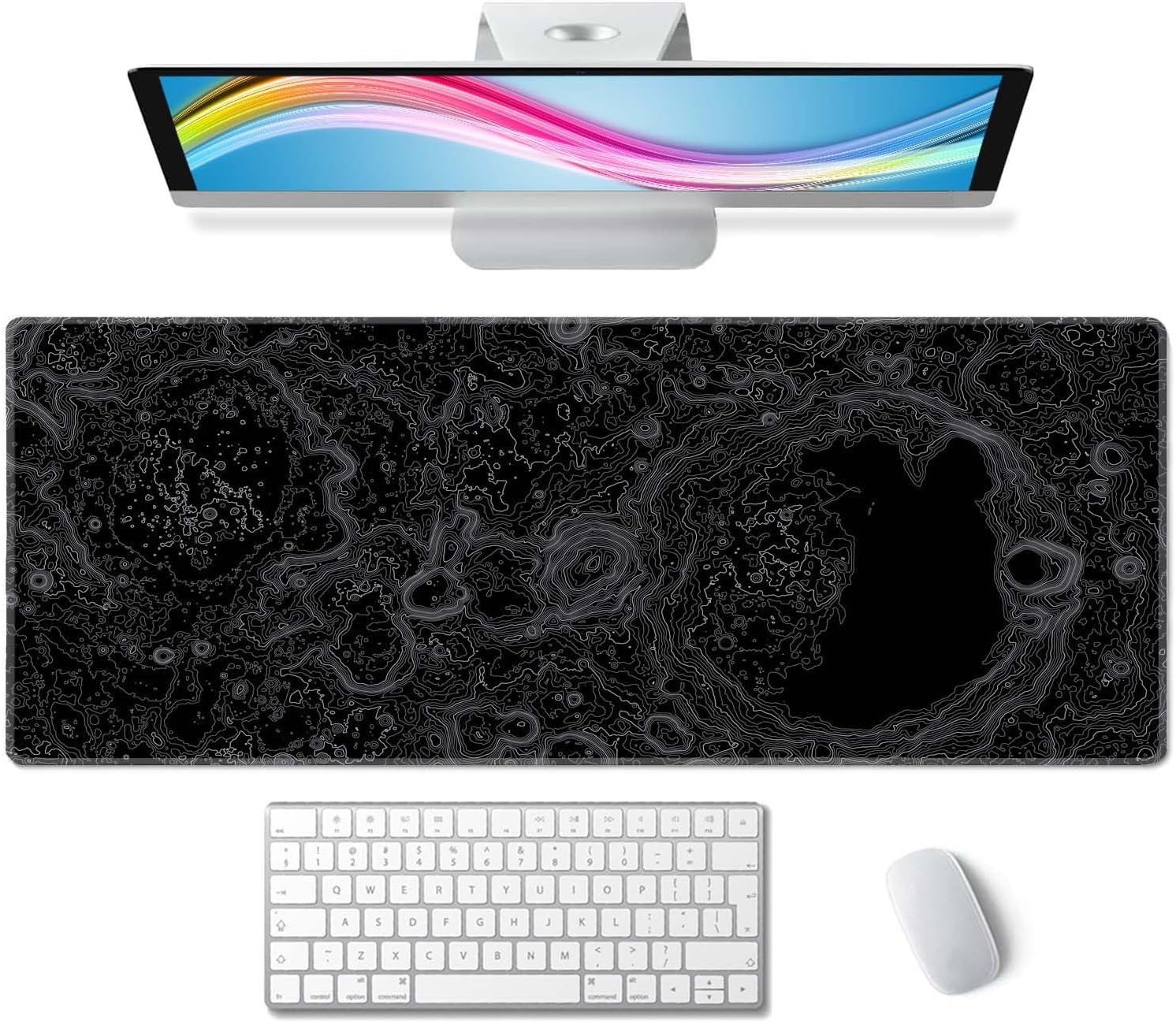 Moon Topographic Map Desk Mat Black Large Mouse Pad XL Extended Gaming Mousepad Keyboard Mouse Mat Desk Pad for Computer Laptop 31.5''X11.8'' Non-Slip Rubber Base with Stitched Edges