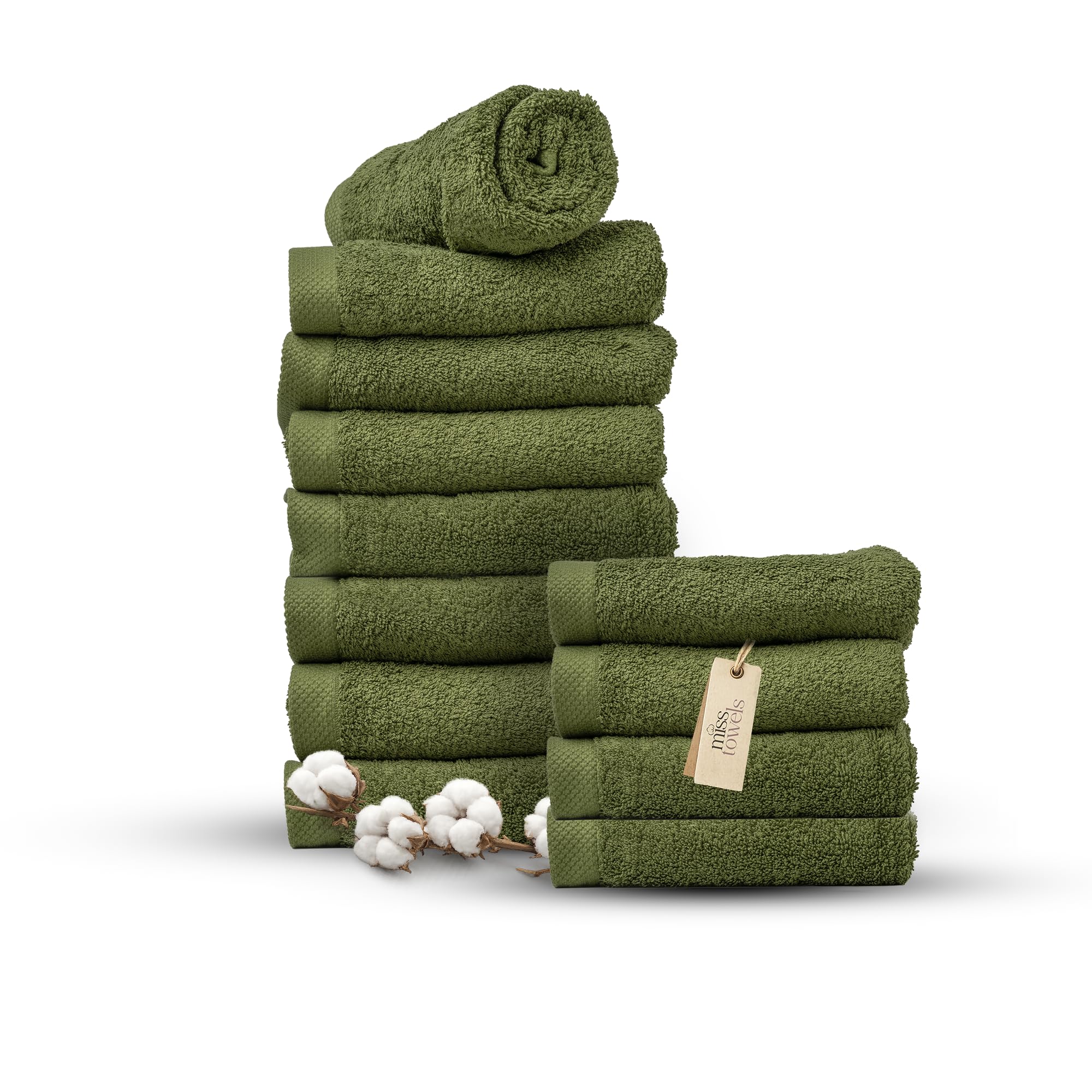 MissTowels® Handtuch Set 12-teilig – 100% Baumwolle aus Portugal, Olivgrün, 50x100 cm – Weich & Saugfähig – Hotelqualität – Oeko-TEX Zertifiziert – 8+4 Gratis