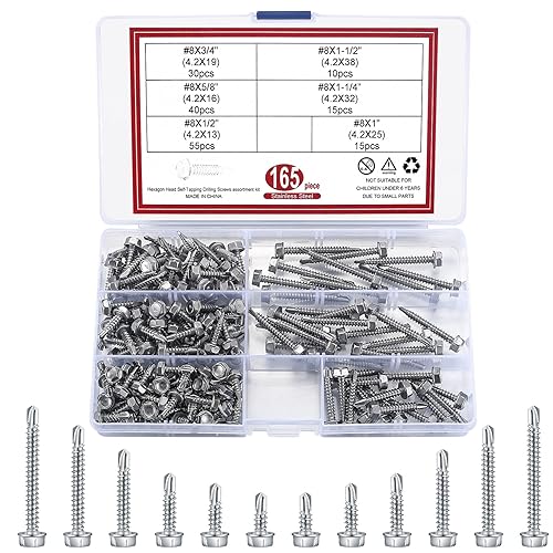 165 Pcs #8 Stainless Steel Self Tapping Screws for Metal, Sheet Metal Screws, Self Drilling Screws for Metal, Hex Head Self-Tapping Screws
