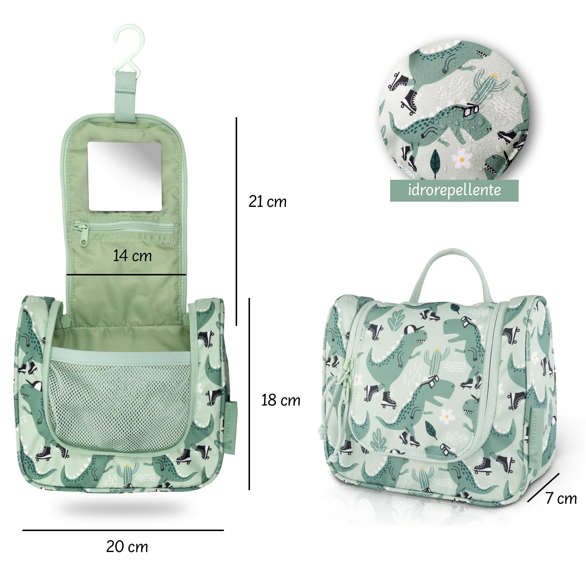 Beauty case bambino appendere trousse toilette sostenibile poliestere riciclato idrorepellente specchio scomparti Dinosauro Verde