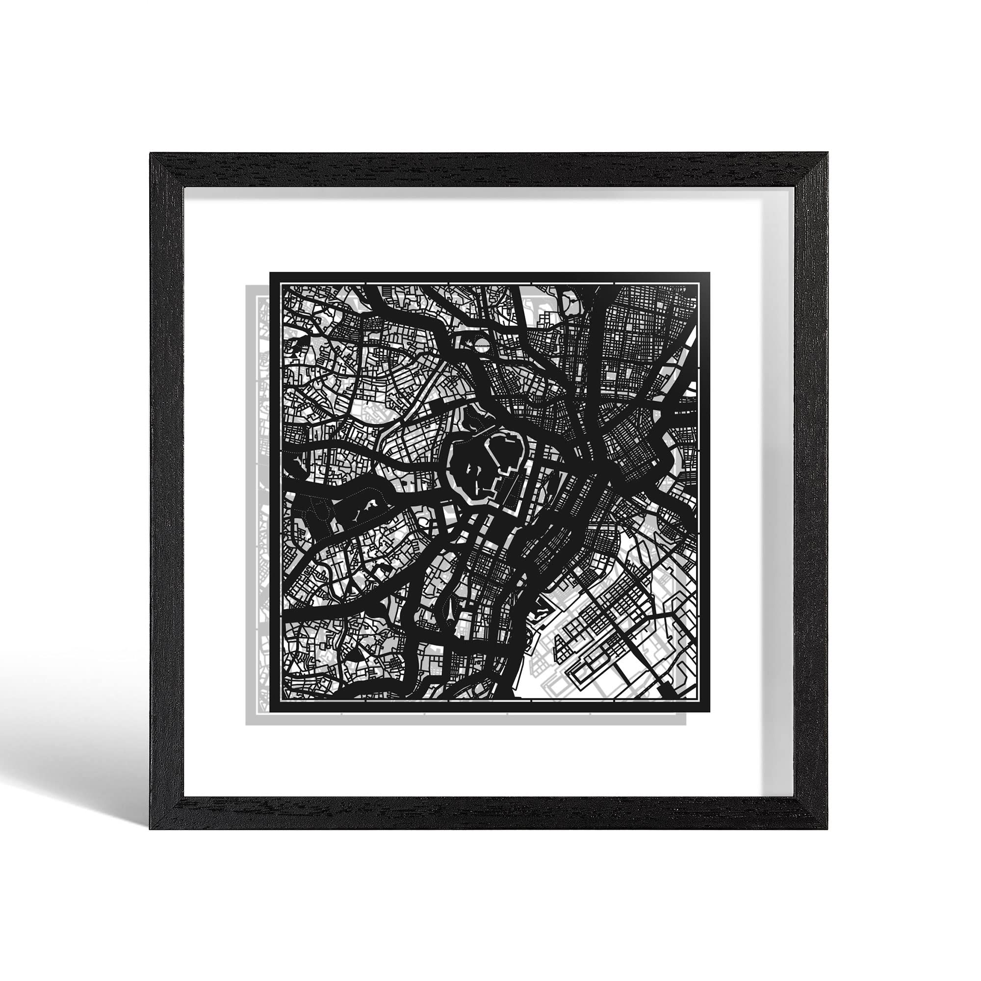 O3 Design Studio Tokyo Cut Map Framed, Black map, Black Frame, 9x9 inches, Paper Cutting Art Work, Gift Boxed, 2 Background Color, self-Changing, Wall Art