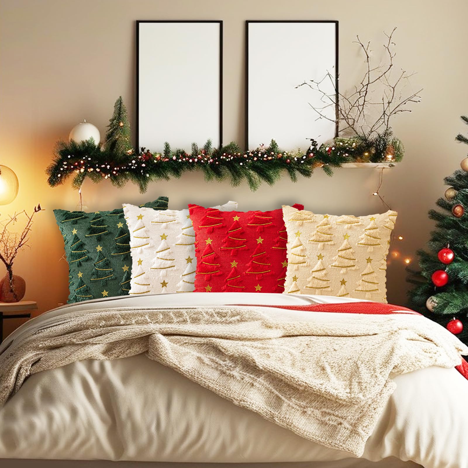 Axlyca Kerstkussensloop, 4 stuks, 45 x 45 cm, kerstkussenslopen, decoratieve kussensloop, kerstboom, kerstdecoratie, voor bank, huis, woonkamer, slaapkamer