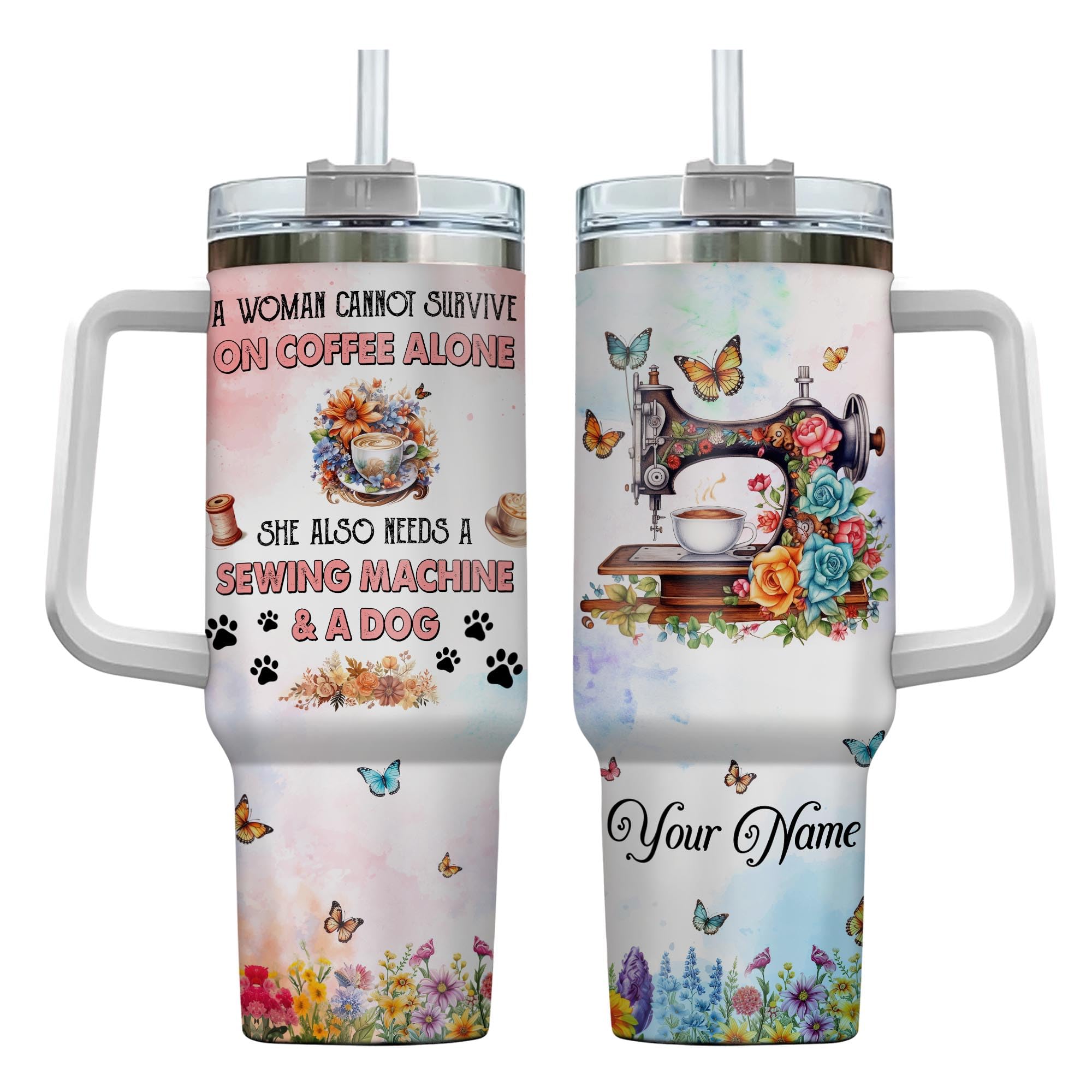 WODORO Personalized 40oz Sewing Tumbler, Custom Name Coffee Tumbler For Women, Stainless Steel Vacuum Insulated Water Bottle With Handle, Gift For