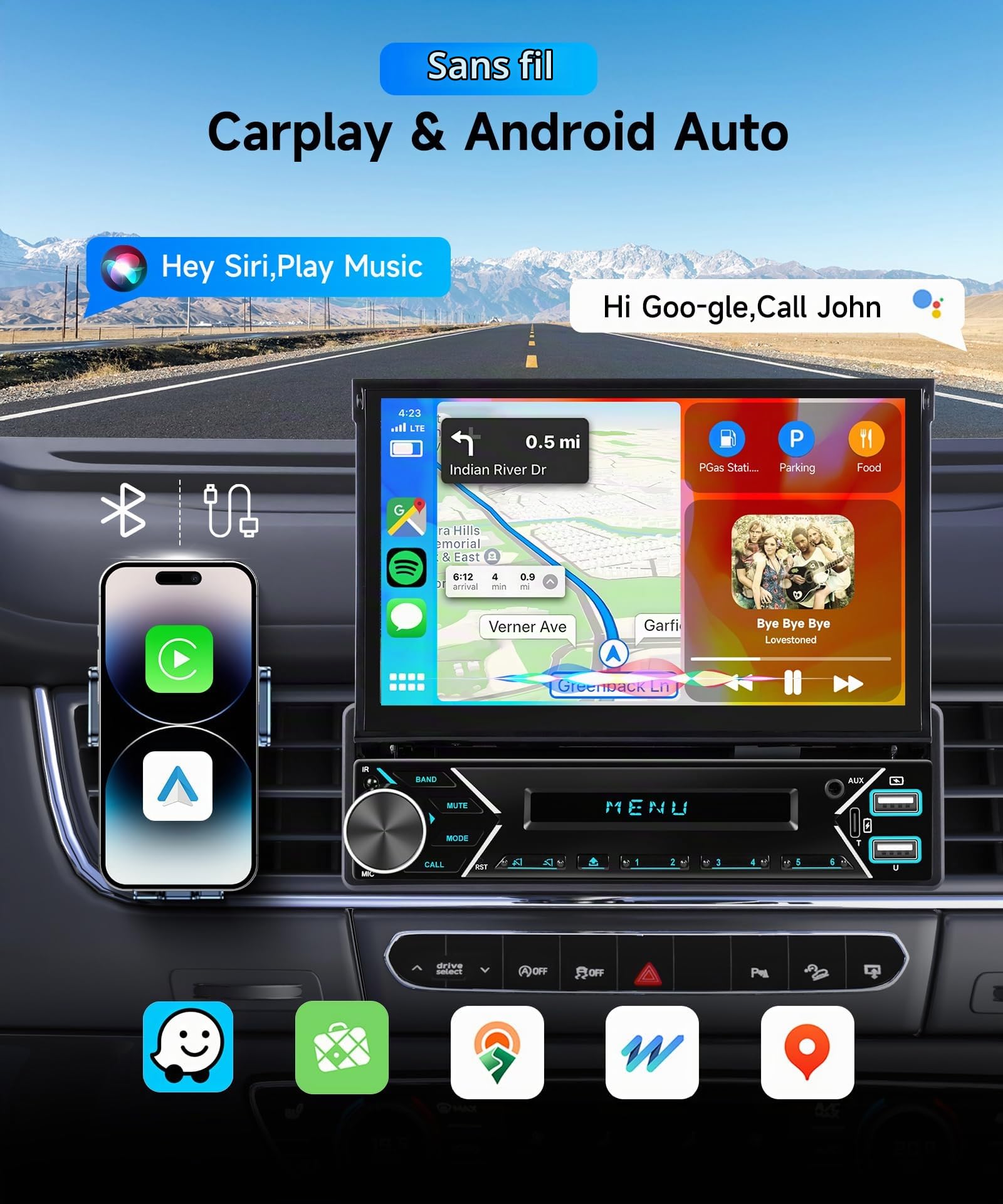 VECHTEL Autoradio 1 Din Carplay Android Auto sans Fil avec écran rétractable motorisé de 7 Pouces,Radio Bluetooth 5.1 Navi/GPS,Miroir Link FM 2 USB/AUX/Type-C avec caméra de recul,Commandes au Volant